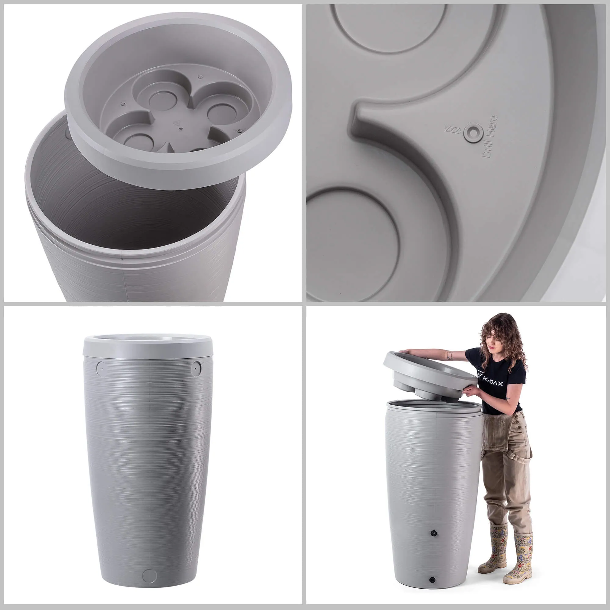 „Reveret“ 240 l lietaus vandens bakas su prijungimo komplektu, šviesiai pilkas, lygus