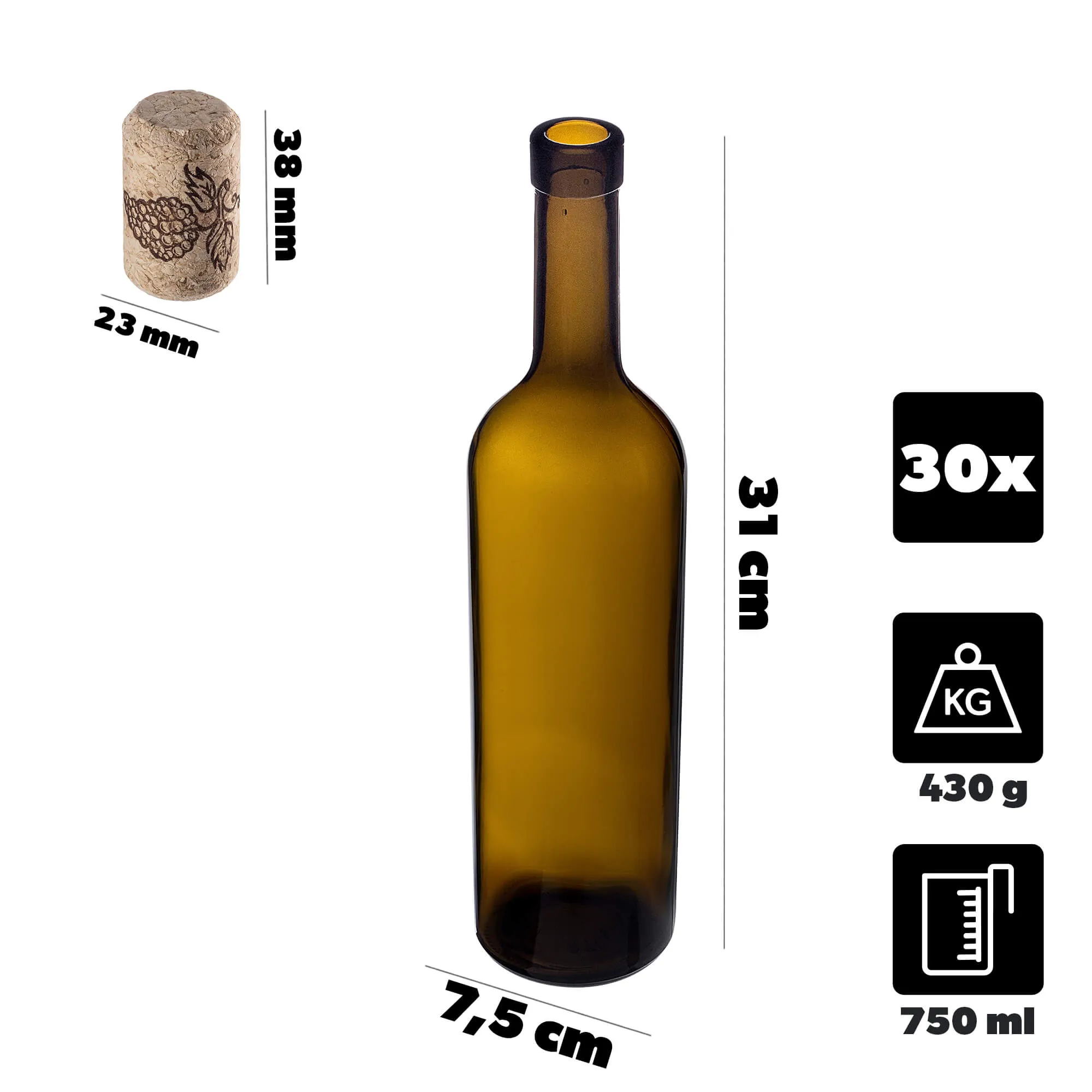 Biagio vyno buteliai 750 ml alyvuogių spalvos su aglomeruotu kamščiu 30 vnt.