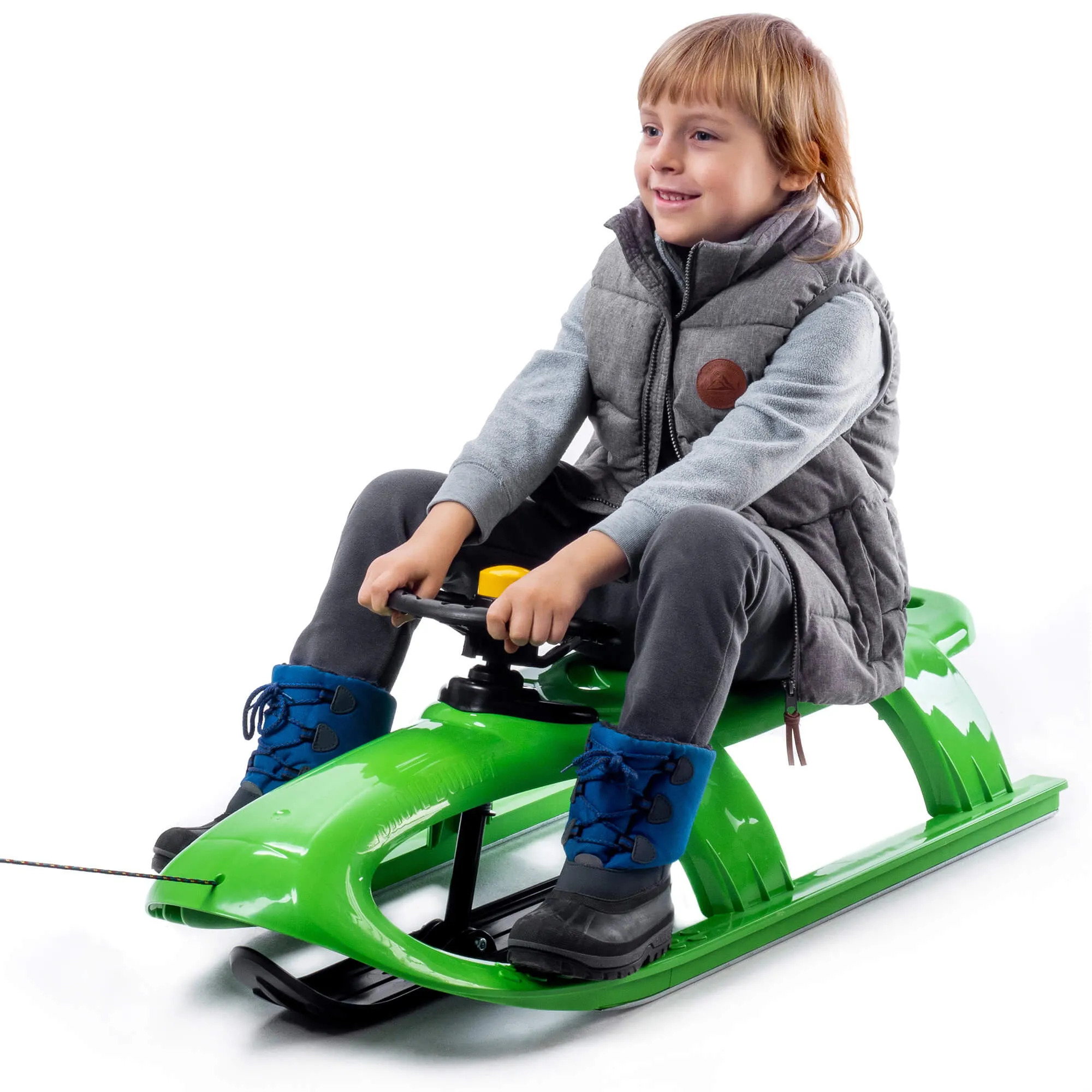 Plastikinės rogės su vairu ir garso signalu, žalios