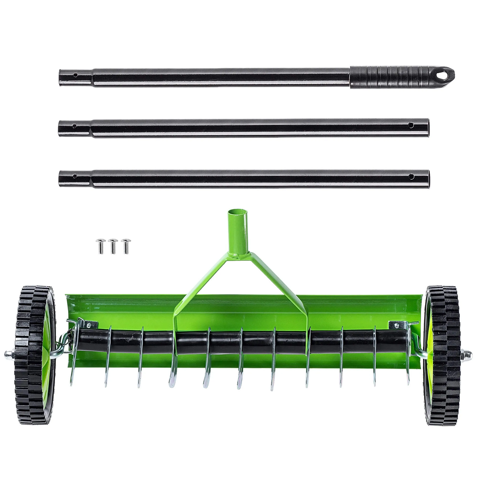 Rovigo vienpusis rankinis vejos aeratorius ant ratukų, 130 x 48 cm, žalias