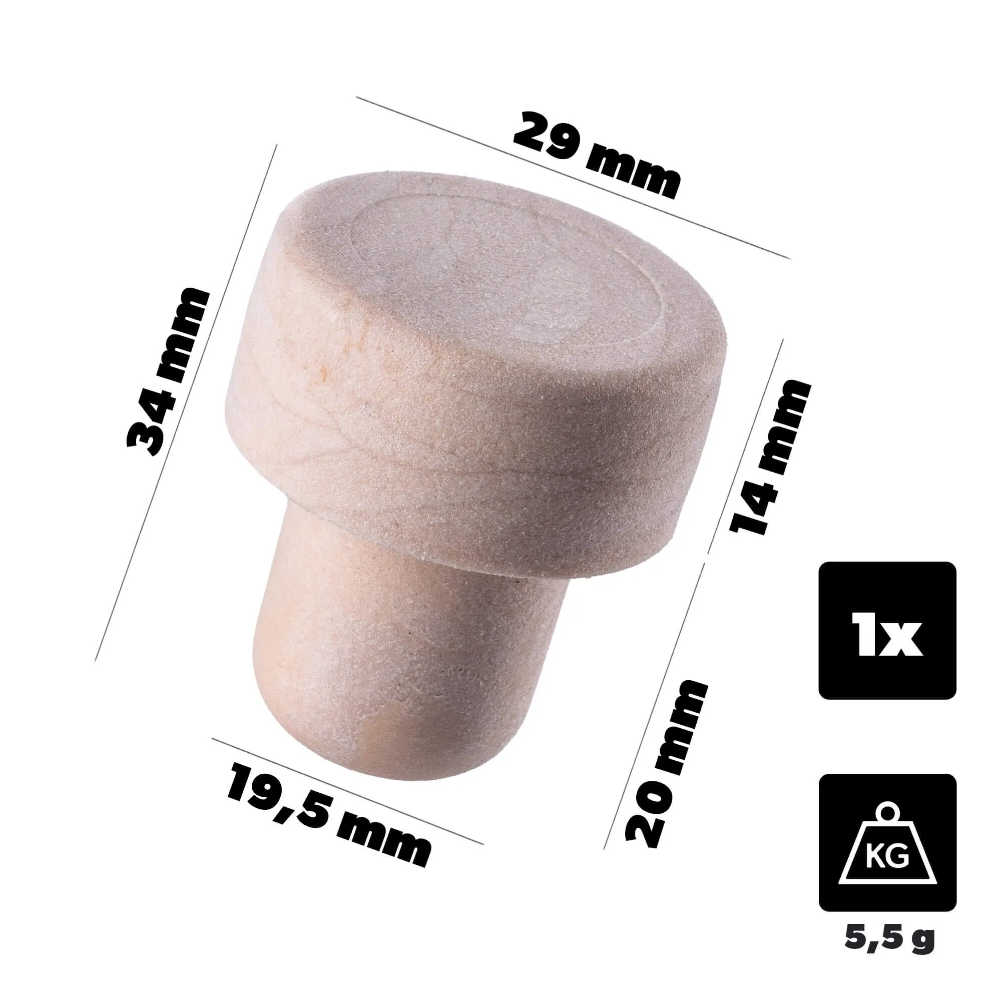 Velletri vyno butelio kamštis, sintetinis grybo formos, 19,5 mm, 1 vnt.