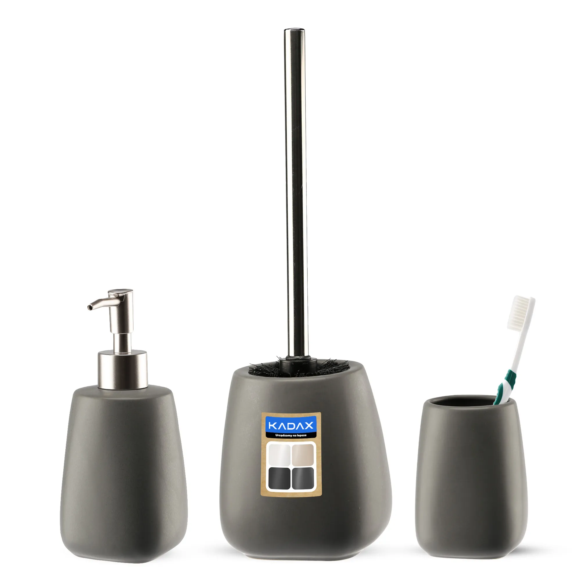 Vonios kambario komplektas: tualetinis šepetys + puodelis + dozatorius, pilkas