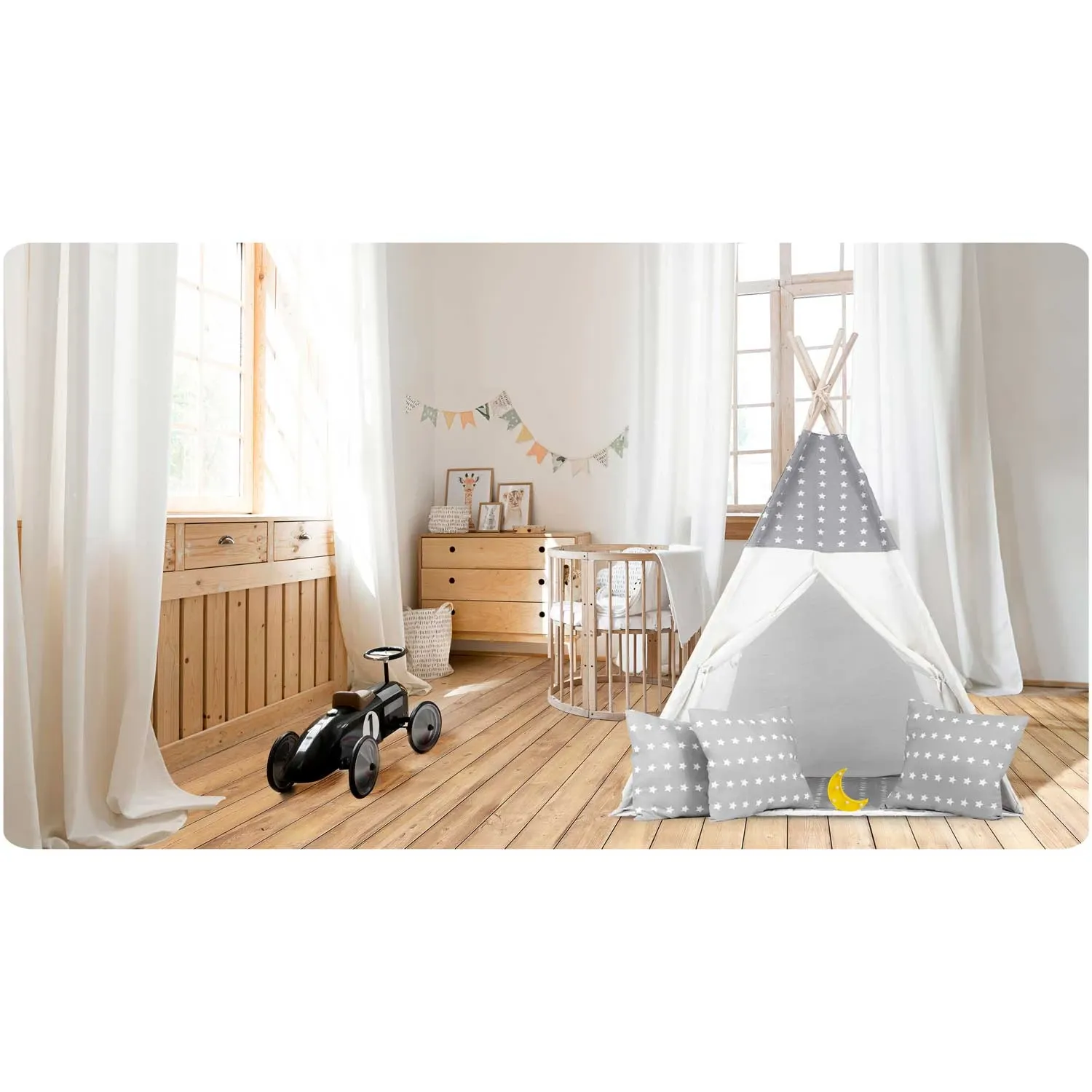 Vaikiška tipi palapinė su girlianda ir lemputėmis - šviesiai pilka su žvaigždutėmis - nuotrauka 1