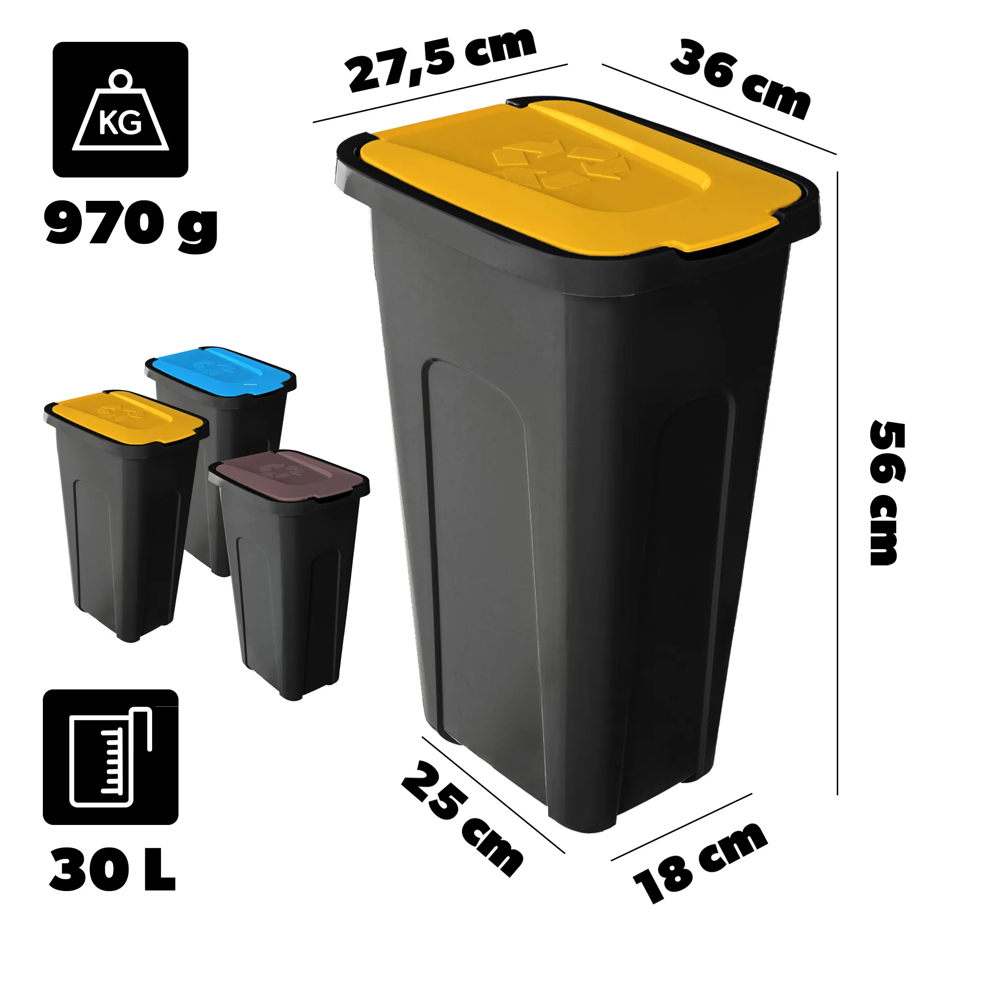 „Entrago“ 30 l šiukšliadėžių komplektas rudas, mėlynas, geltonas