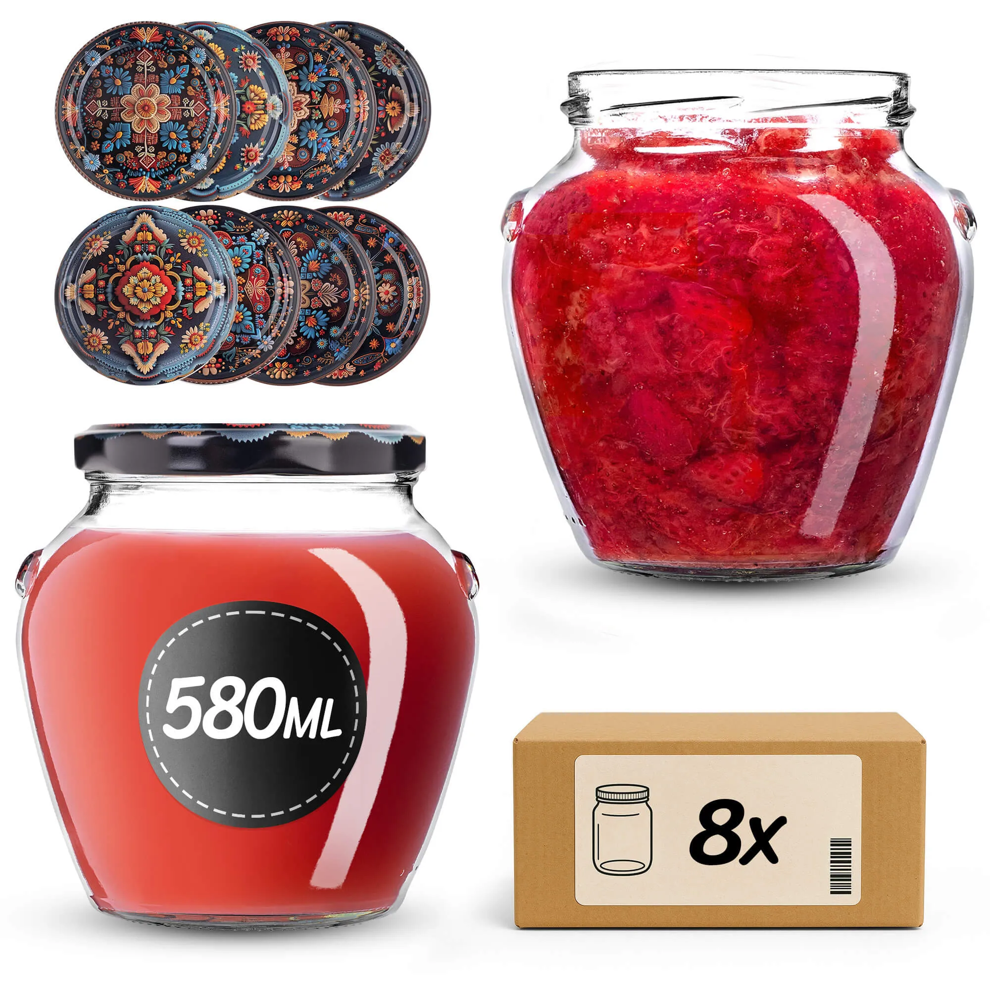 „Sassa“ konservavimo stiklainiai 580 ml, 8 vnt., 82 mm, + siuvinėti dangteliai