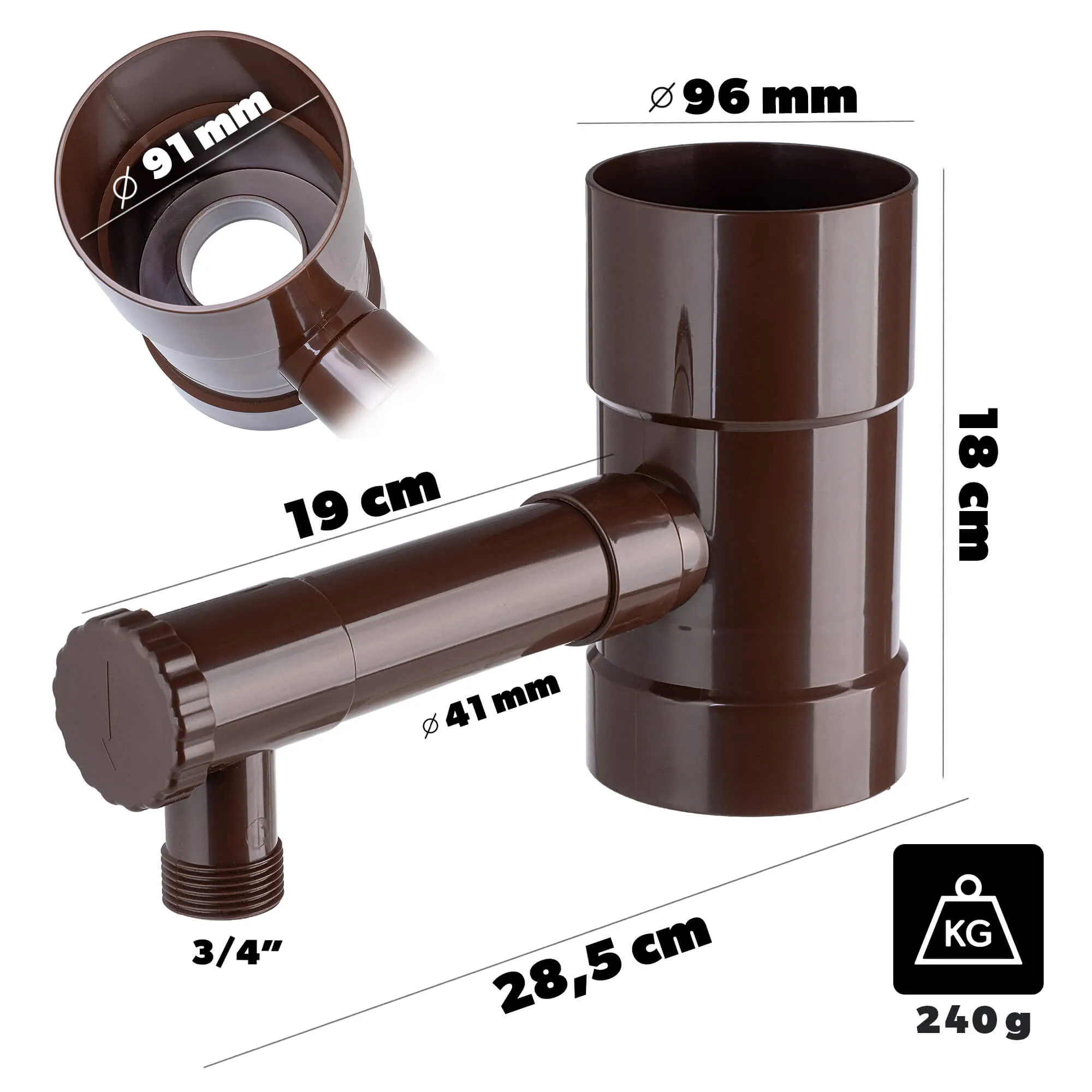 Nancras lietaus vandens kolektorius su vožtuvu, 90 mm, rudas