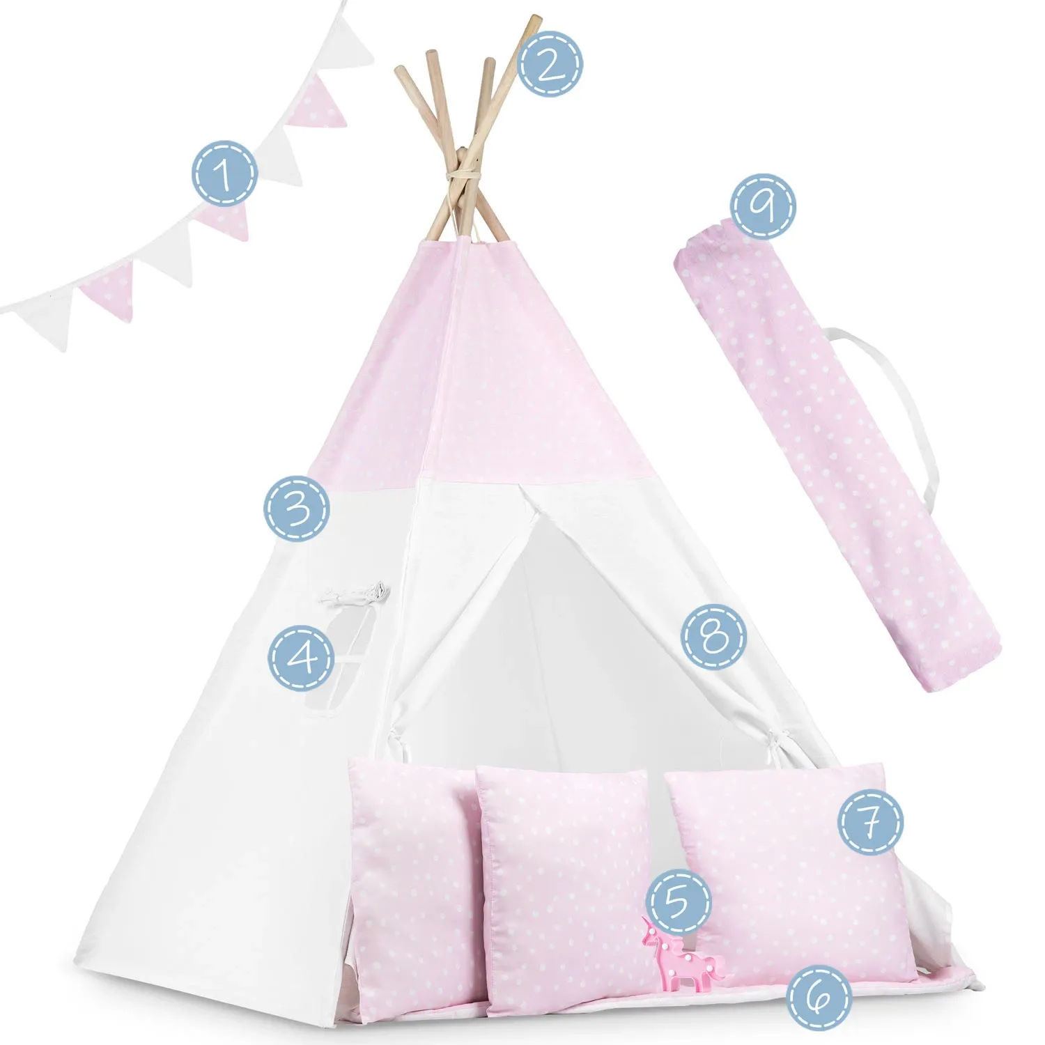 Vaikiška tipi palapinė su lemputėmis - rožinė su taškeliais - nuotrauka 1