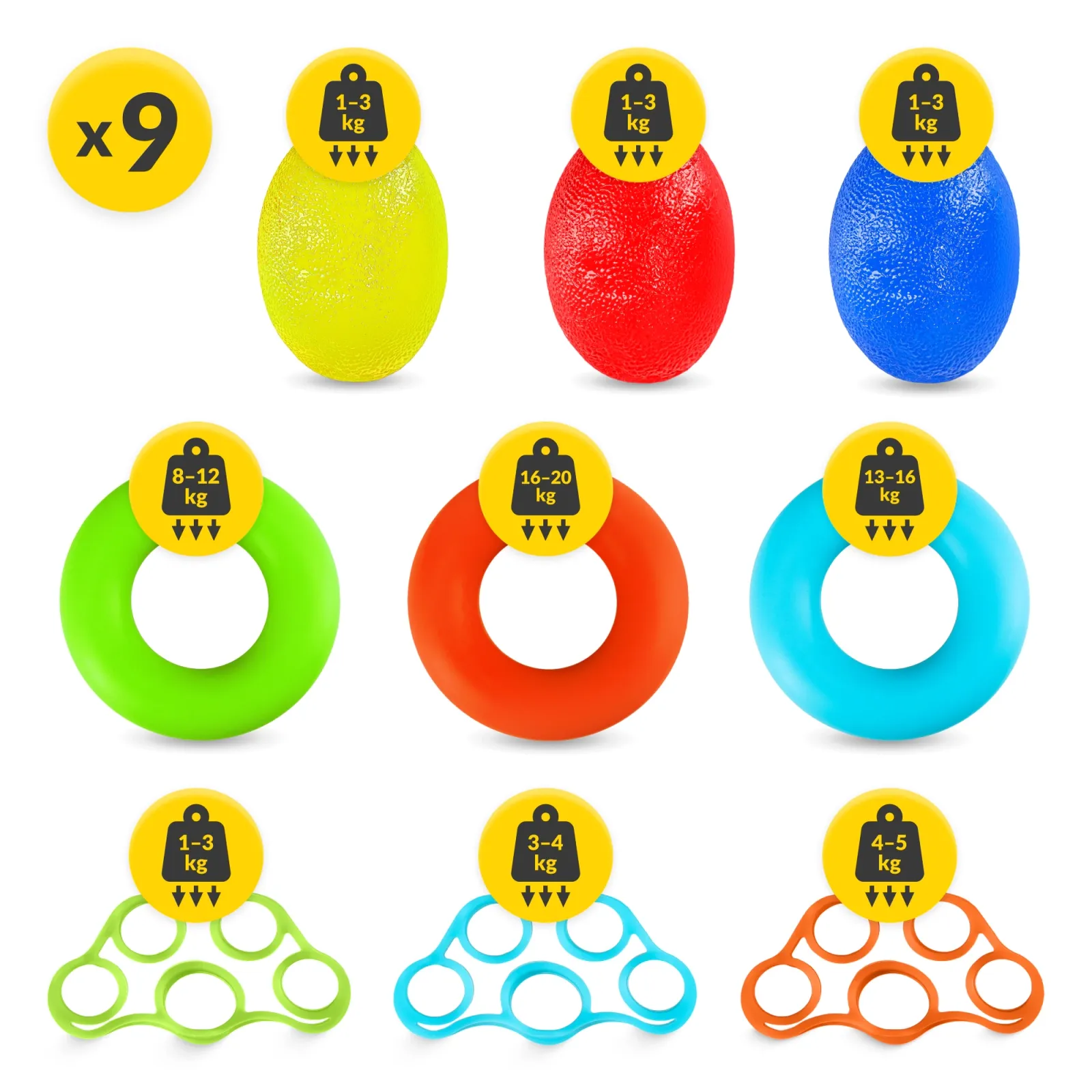 9 guminių juostų rinkinys rankų ir pirštų mankštai