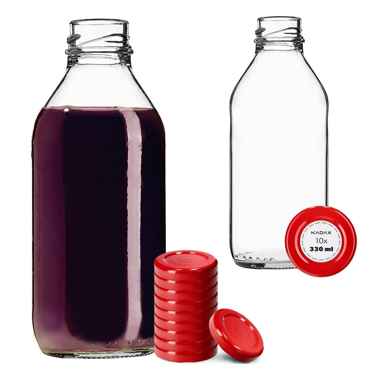 Potelle stikliniai sulčių buteliai 0,33 l su raudonu dangteliu, 10 vnt.