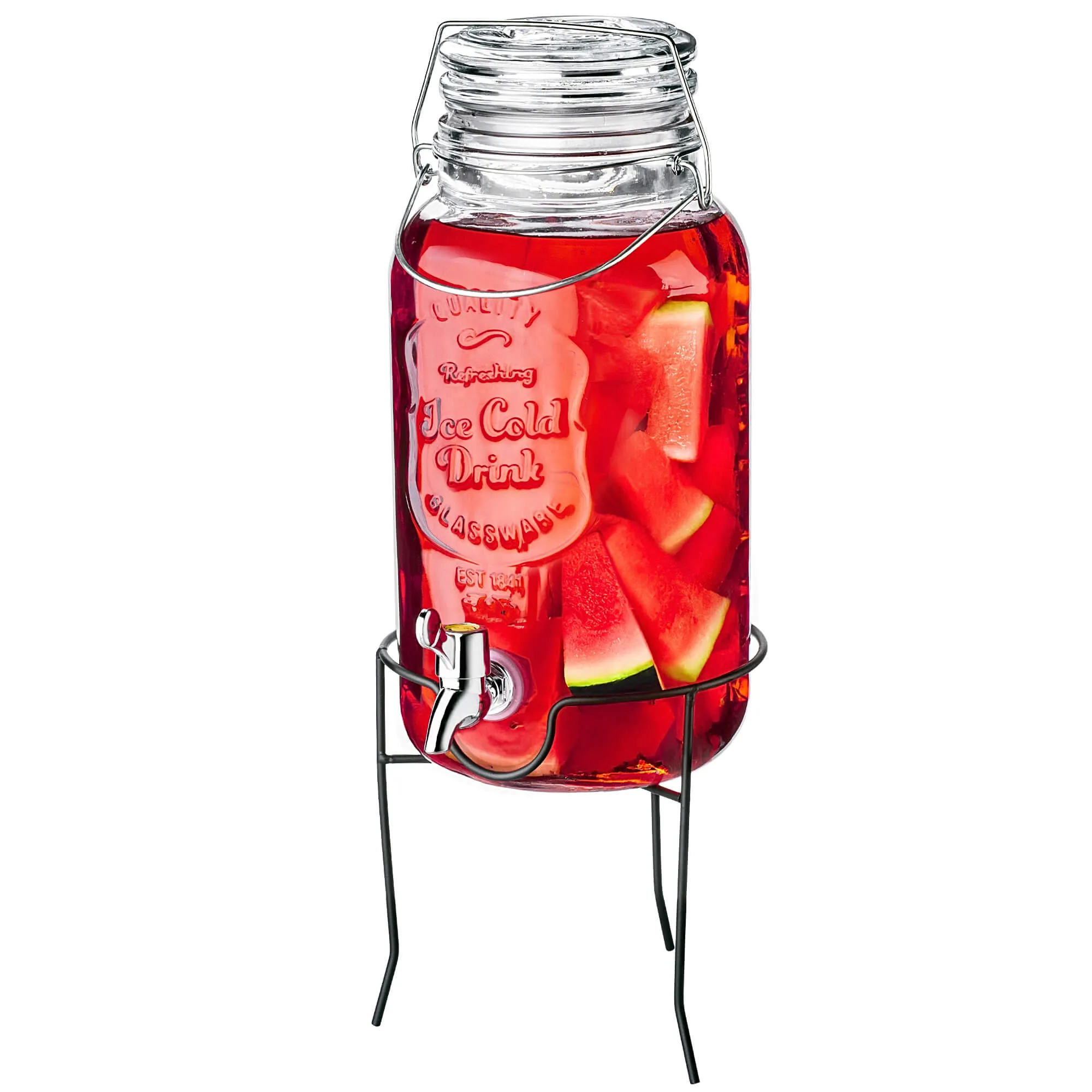4 l talpos Mesagne stiklainis su čiaupu šaltiems gėrimams ir limonadui, su stovu ir stikliniu dangteliu