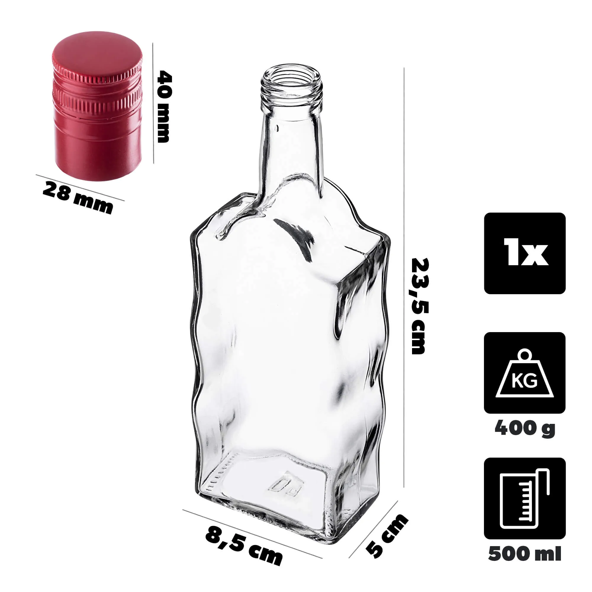 Fala stiklinis tinktūros buteliukas 500 ml su ilgu raudonu dangteliu 1 vnt.