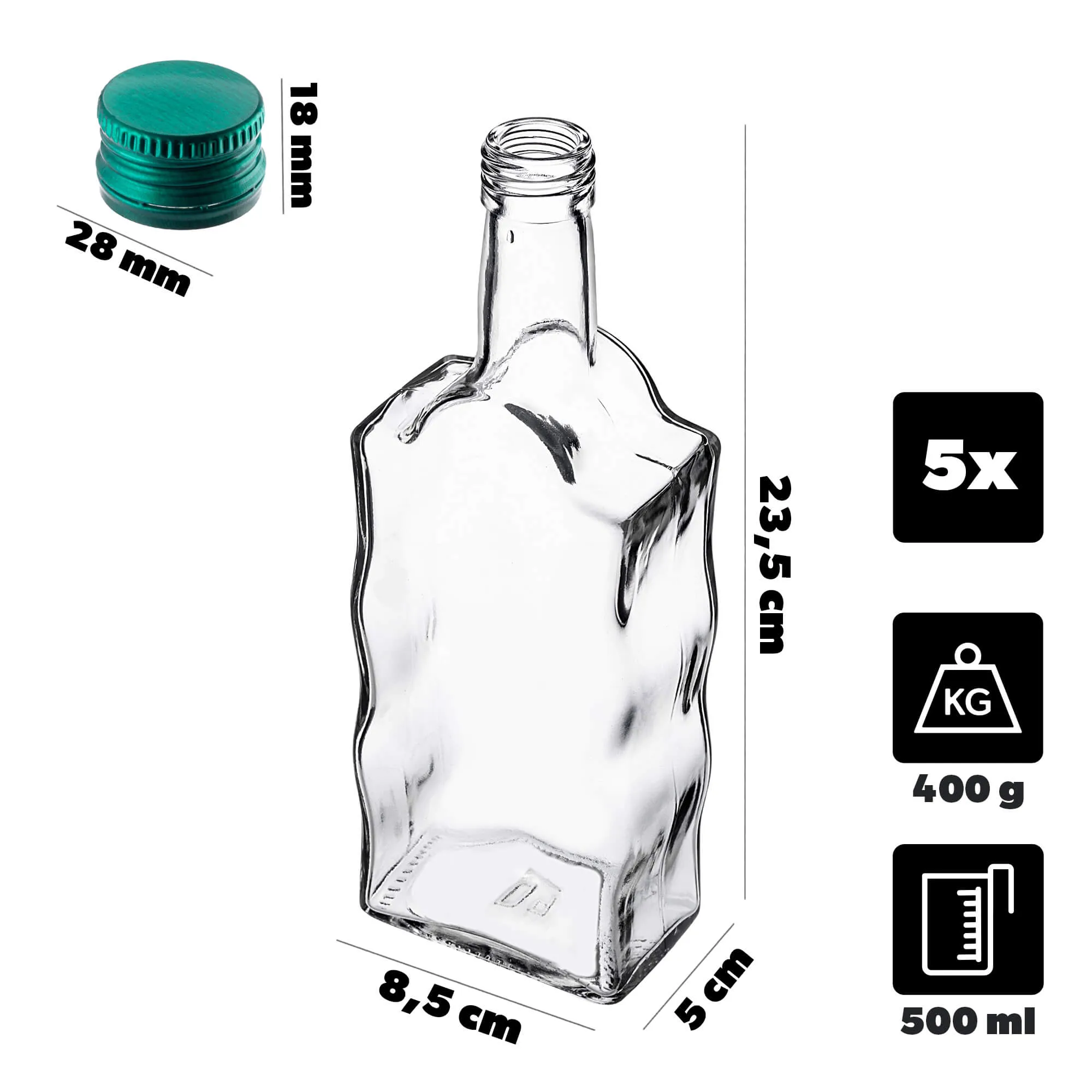 Fala stiklinis tinktūros buteliukas 500 ml su žaliu dangteliu 5 vnt.