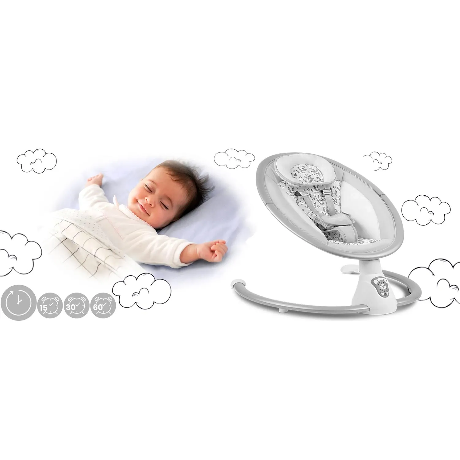Daugiafunkcinė supamoji kėdė su automatiniu supamuoju mechanizmu, balta ir pilka Ricokids 705000 - nuotrauka 1