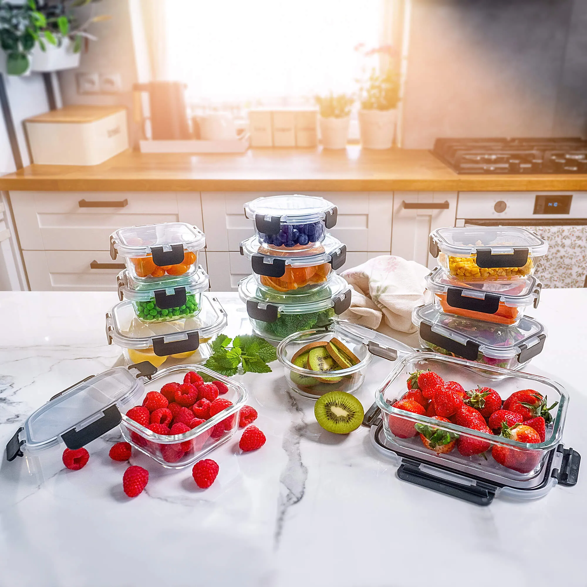 12 juodų Termoli stiklinių indelių su dangteliais rinkinys