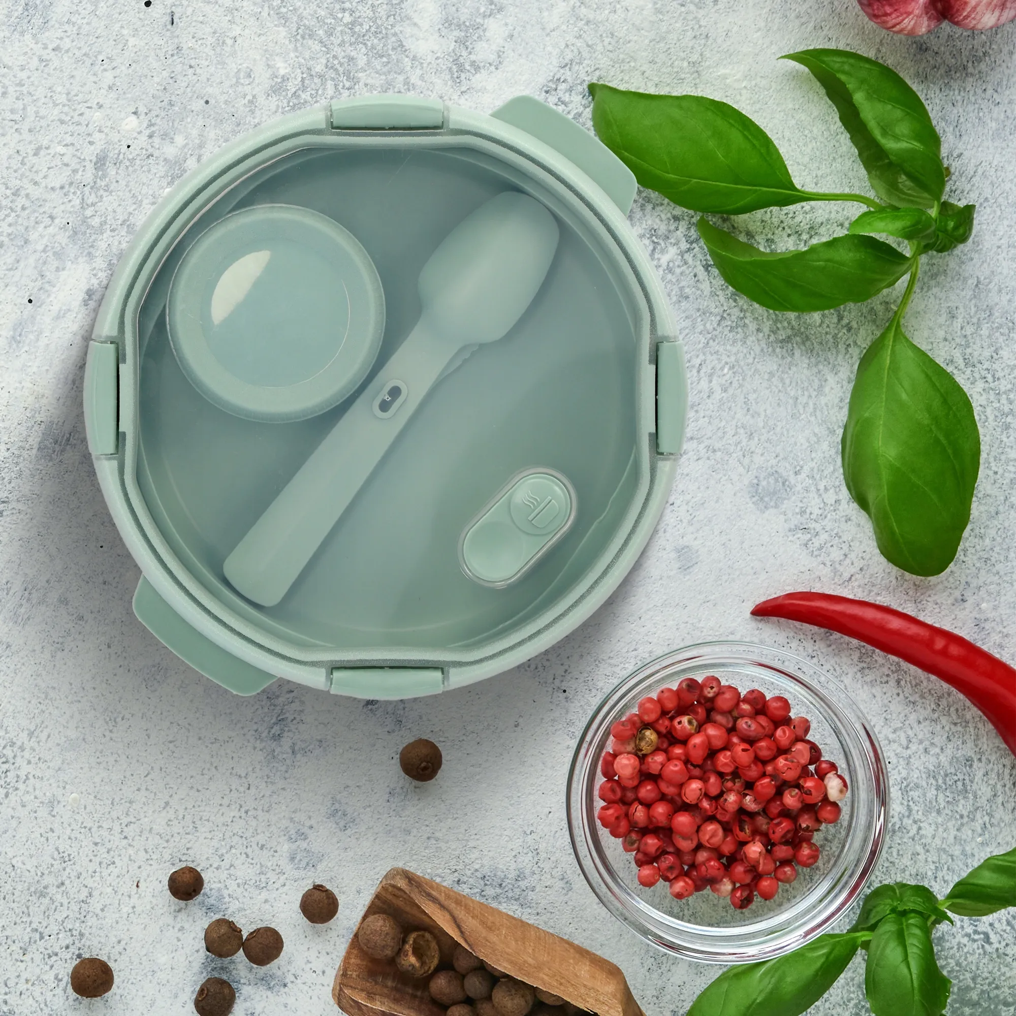 1,6 l „Curver To Go“ pietų rinkinys, apvalus maisto indelis, žalias