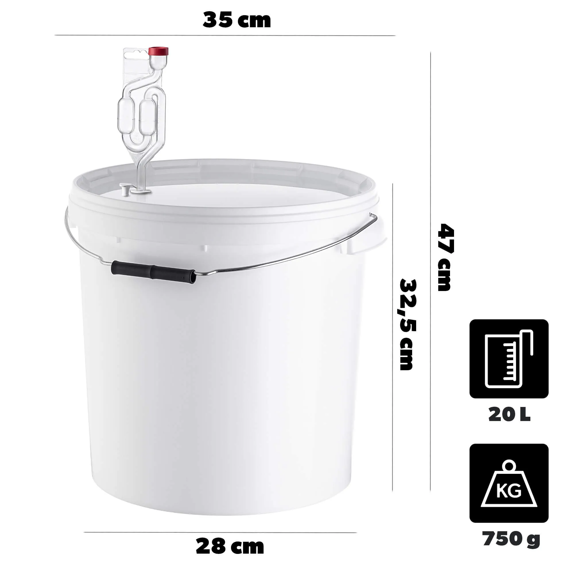 „Acerra“ fermentacijos indas su dangčiu ir rankena, 20 l, baltas + kamštis + fermentacijos užraktas