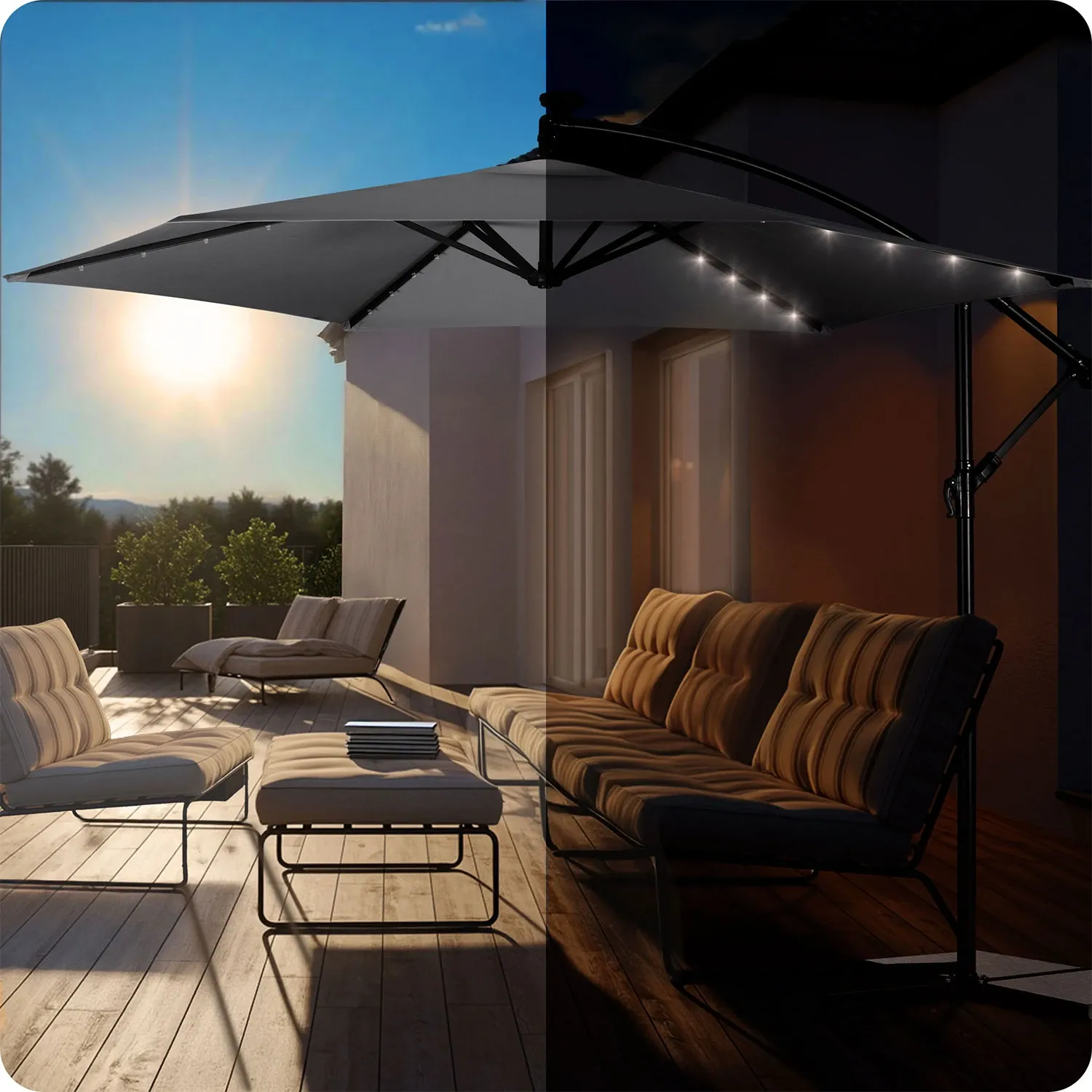 Sulankstomas sodo skėtis, 6 dalių, 350 cm, su dangčiu ir šviesomis, „Plonos PL-882“ - nuotrauka 1