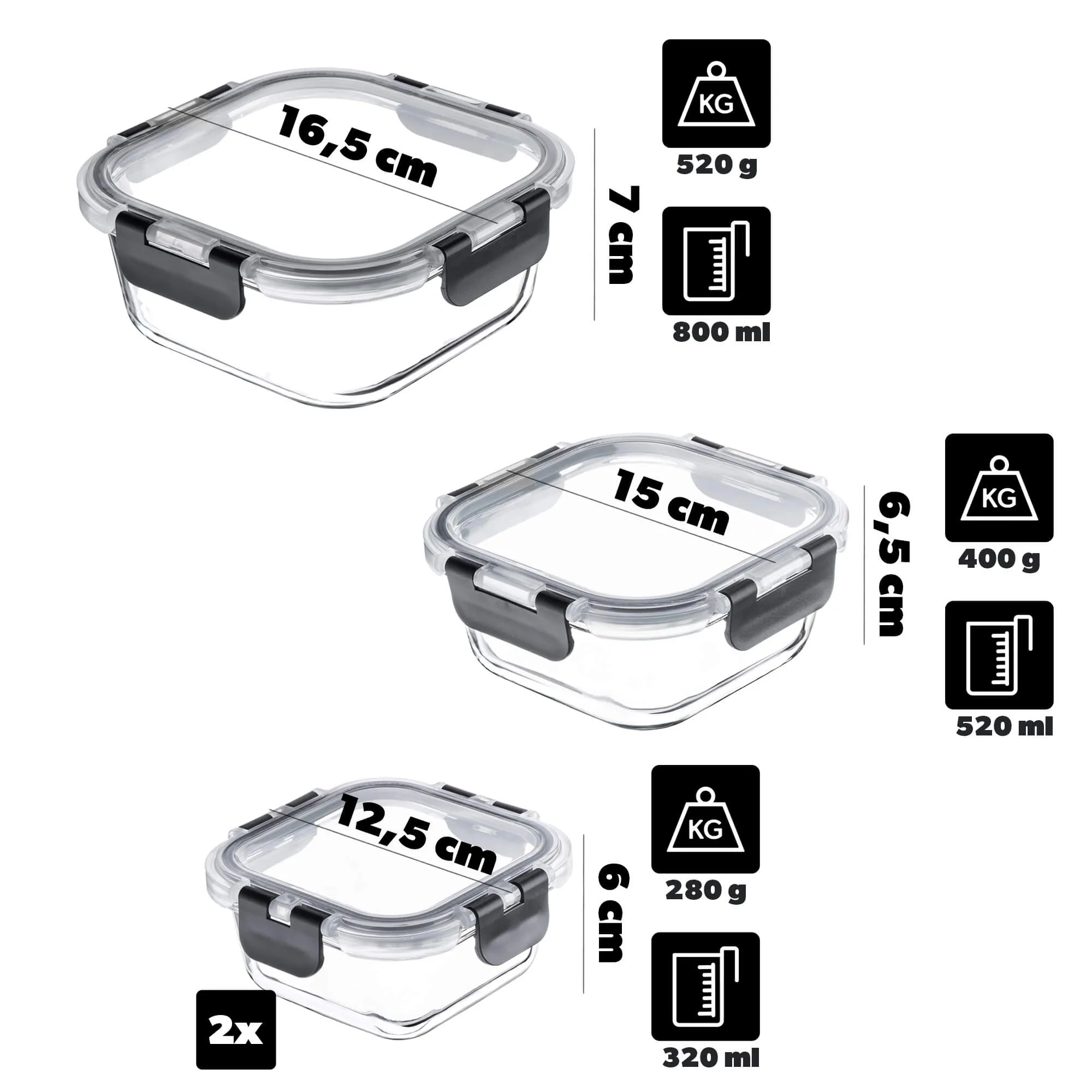 12 juodų Termoli stiklinių indelių su dangteliais rinkinys