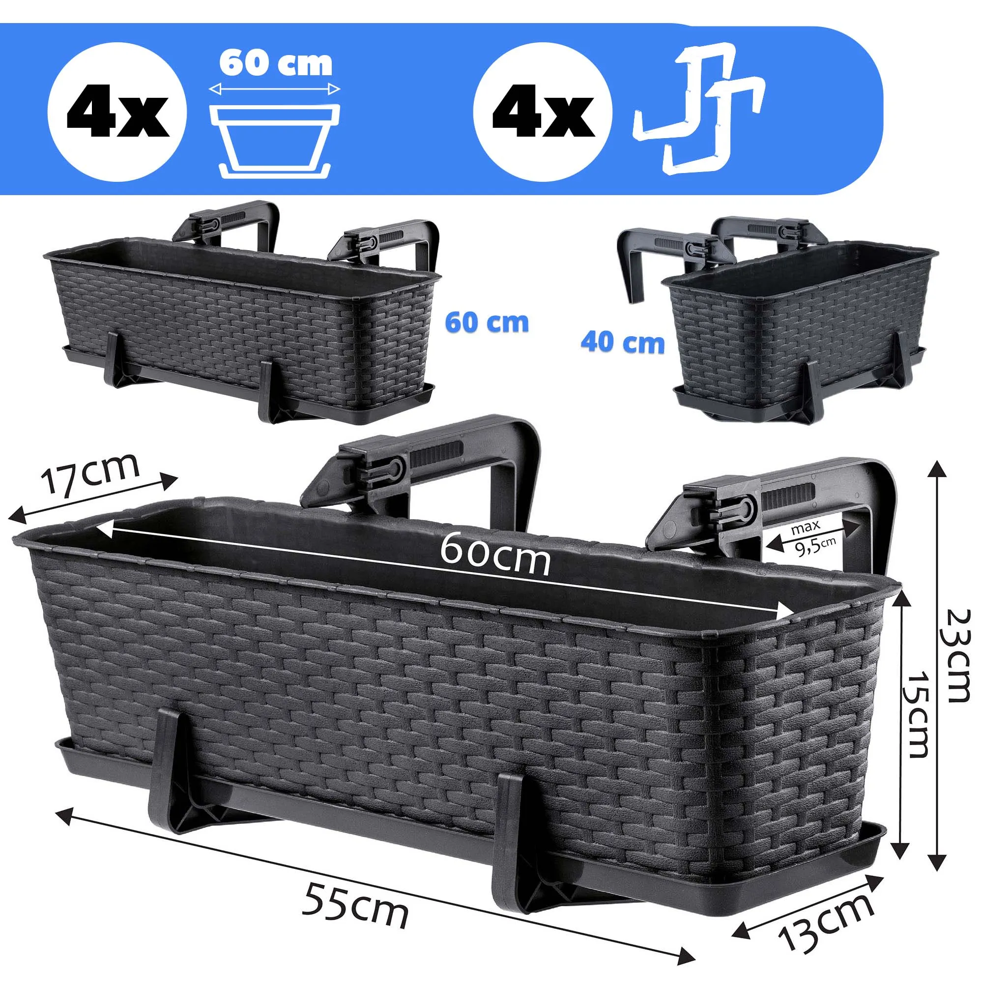 Balkono dėžė su rankenomis Castro antracito spalvos 60 cm