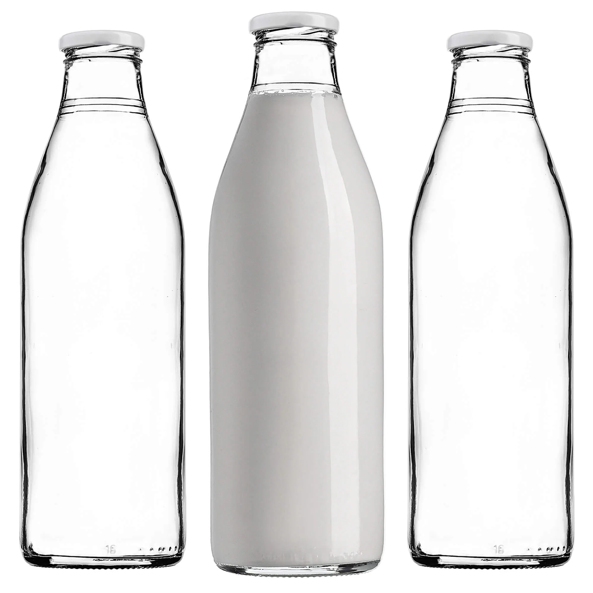 Stikliniai pieno buteliukai 1 l su baltu dangteliu, 43 mm, 3 vnt.