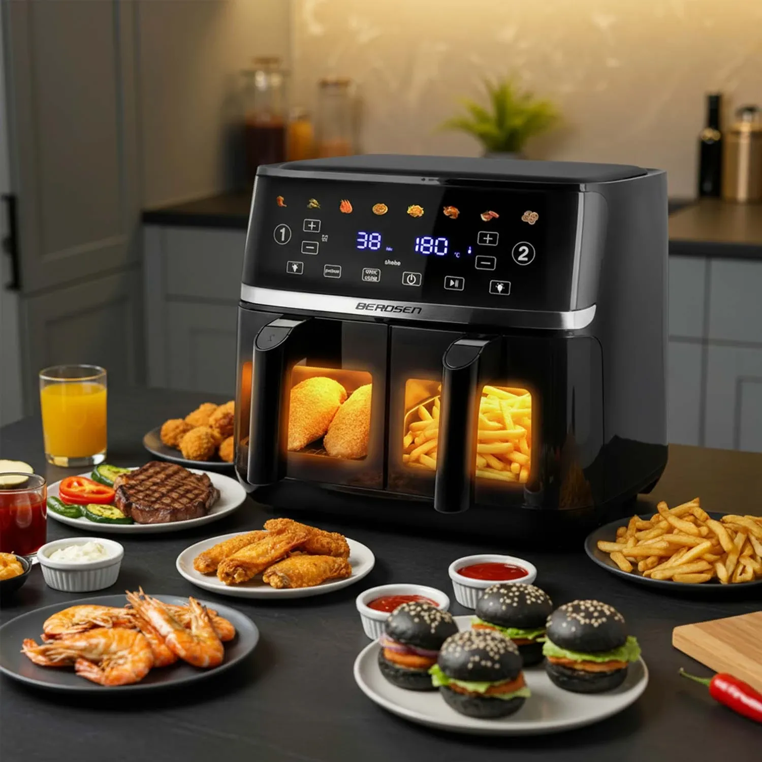 Didelė oro gruzdintuvė 10,2 l, XL dvigubos kameros, Berdsen BD-657, 1700 W, juoda - nuotrauka 1