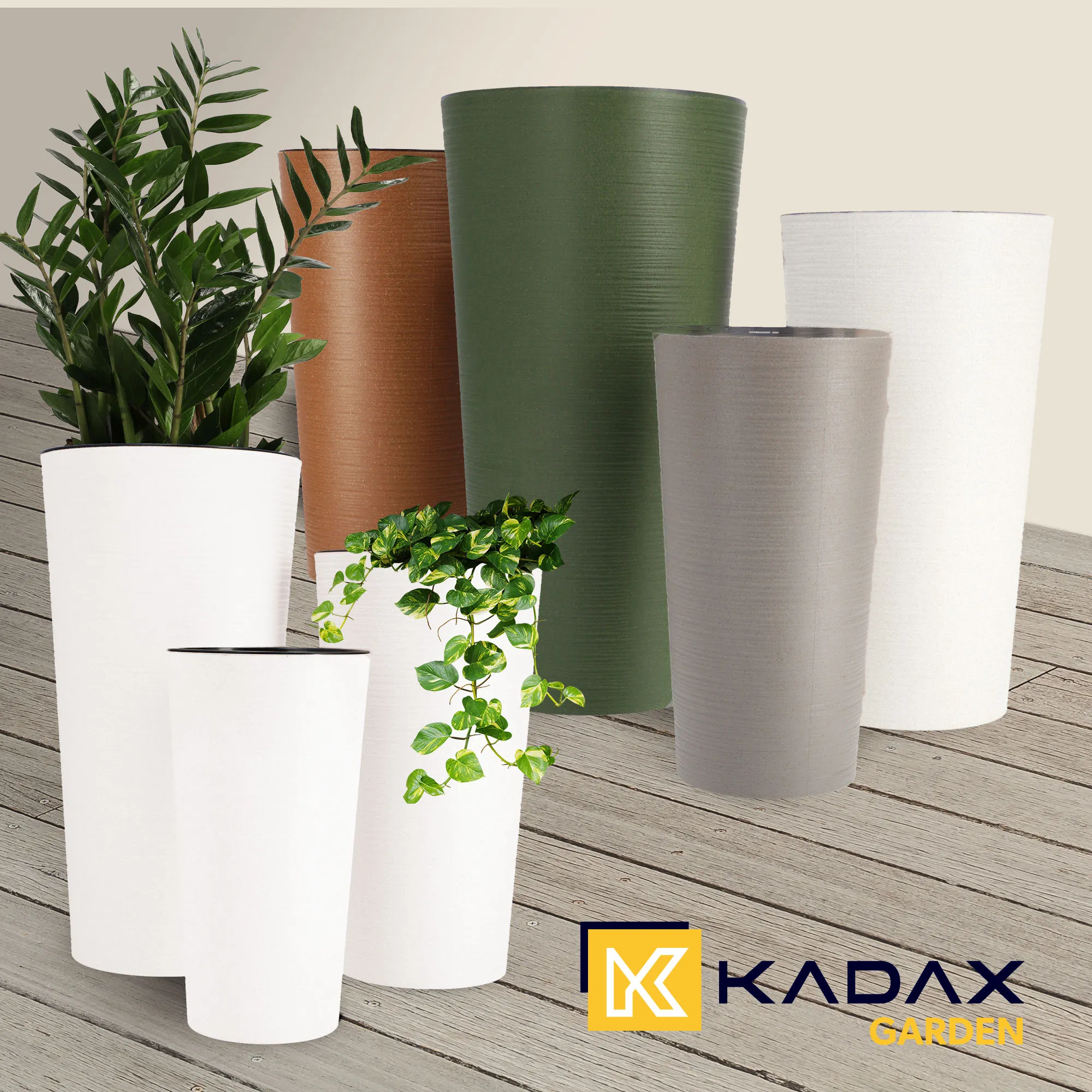 Gėlių vazonai su kaltu 19 cm + 25 cm + 30 cm, balti