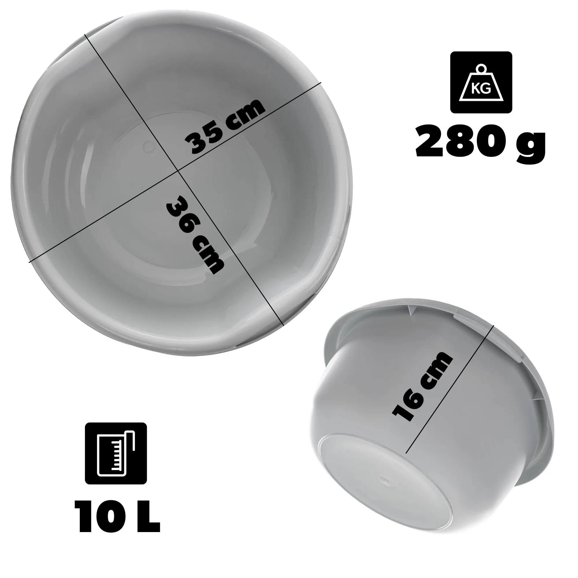 Treix 10 l plastikinis praustuvas su rankenomis, pilkas