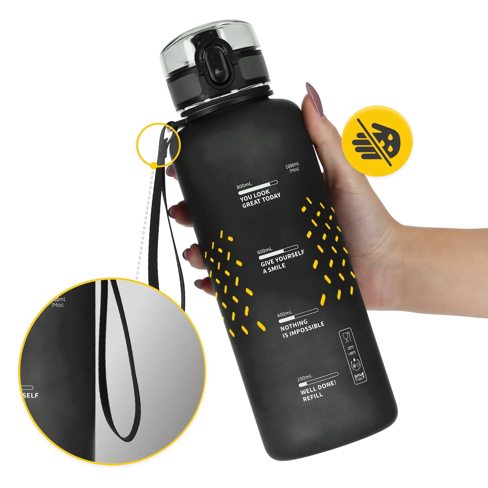 1 l juodas sportinis vandens butelis