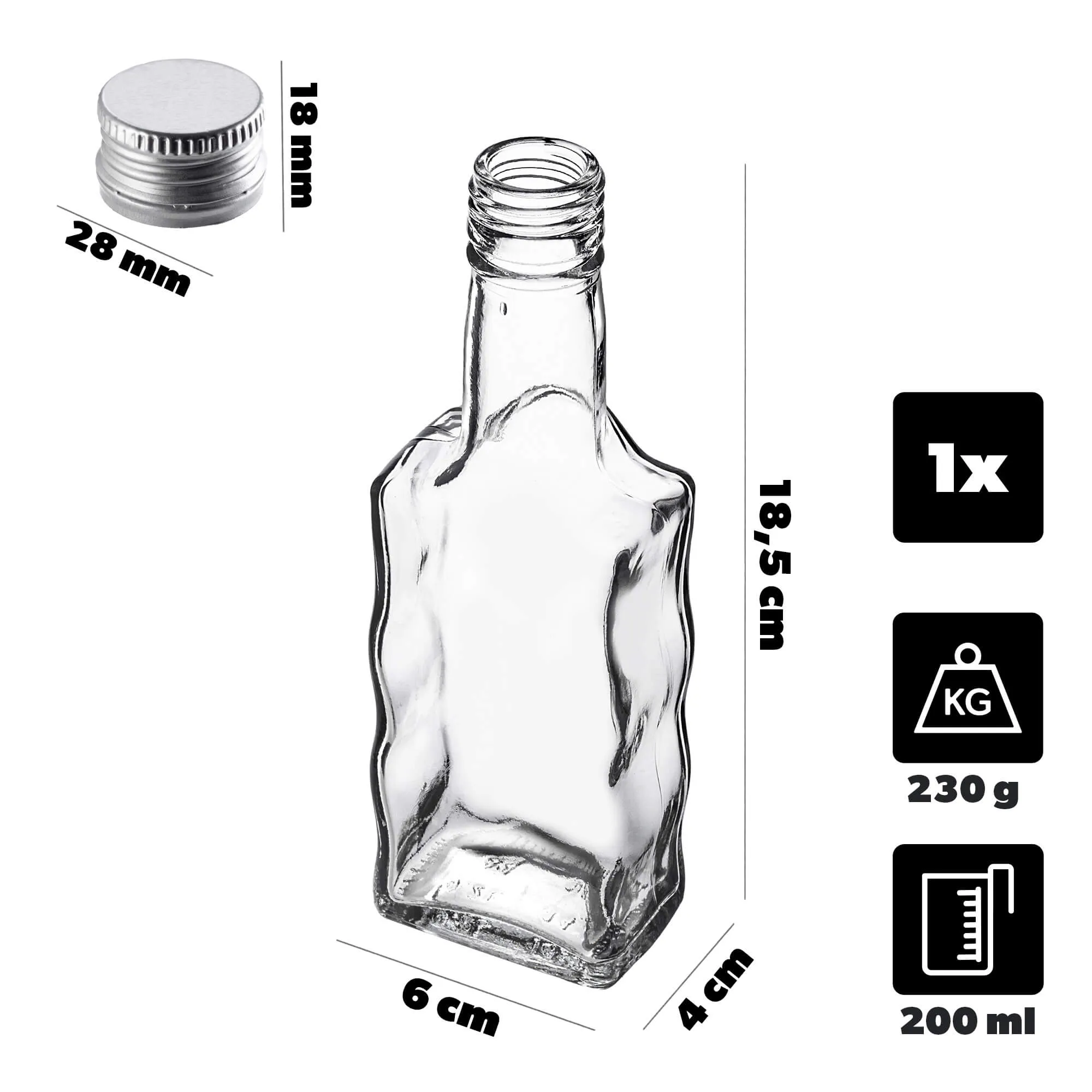 Stiklinis buteliukas tinktūrai „Fala“ 200 ml su sidabriniu dangteliu 1 vnt.