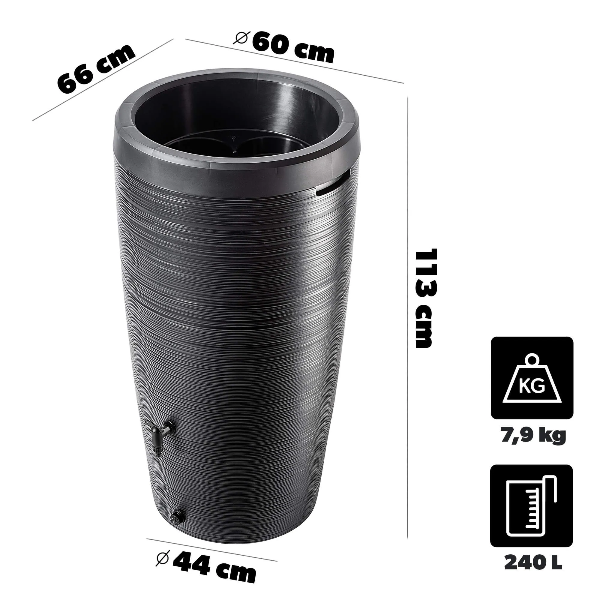 „Reveret“ 240 l lietaus vandens bakas su prijungimo komplektu, lygus, juodas