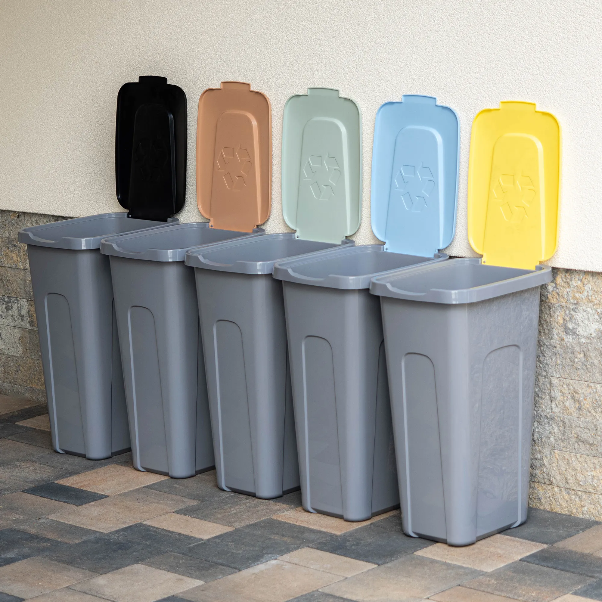 30 litrų šiukšliadėžių rinkinys geltonos, žalios, rudos, mėlynos, juodos spalvos