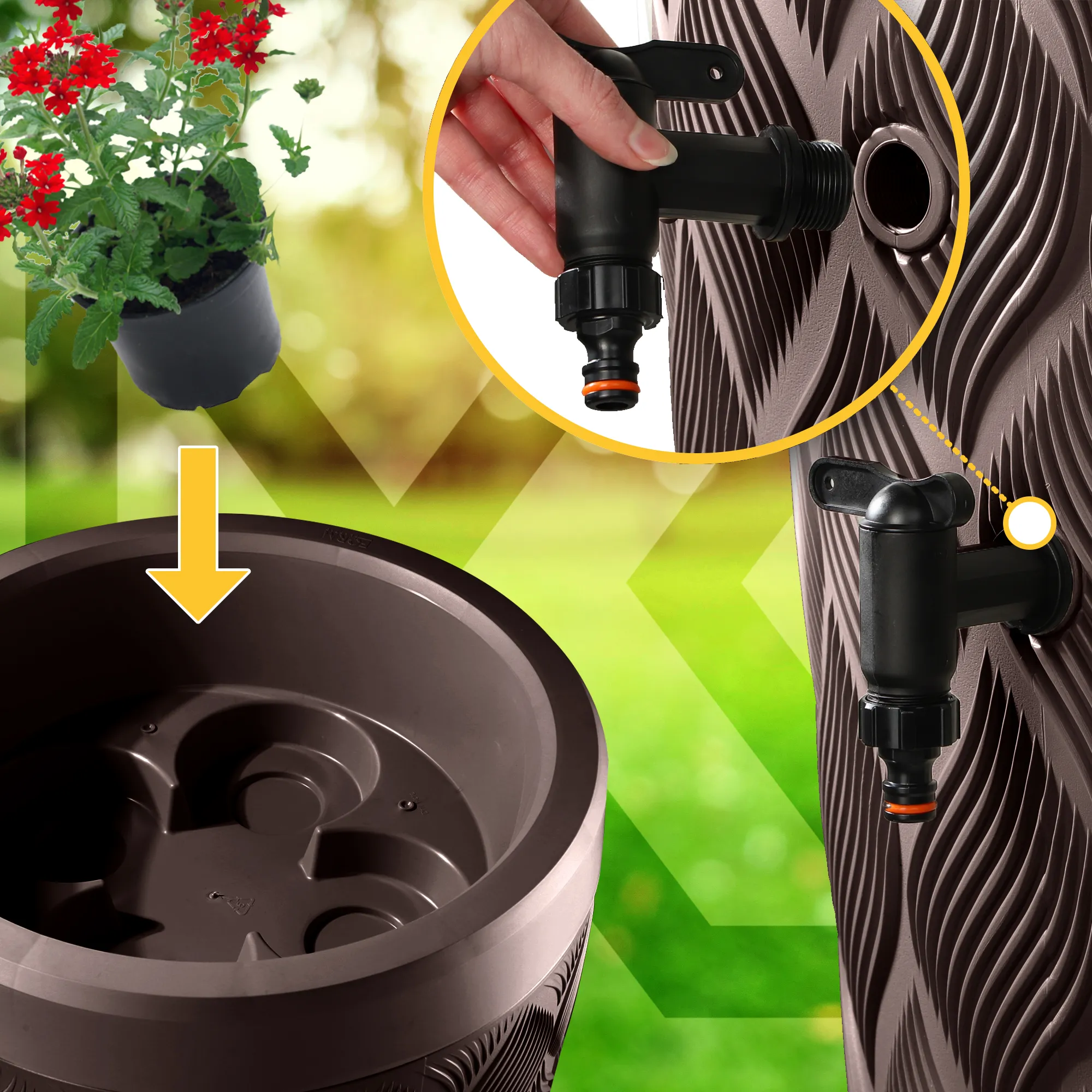 „Reveret“ 240 l lietaus vandens bakas su prijungimo komplektu, rudos bangos