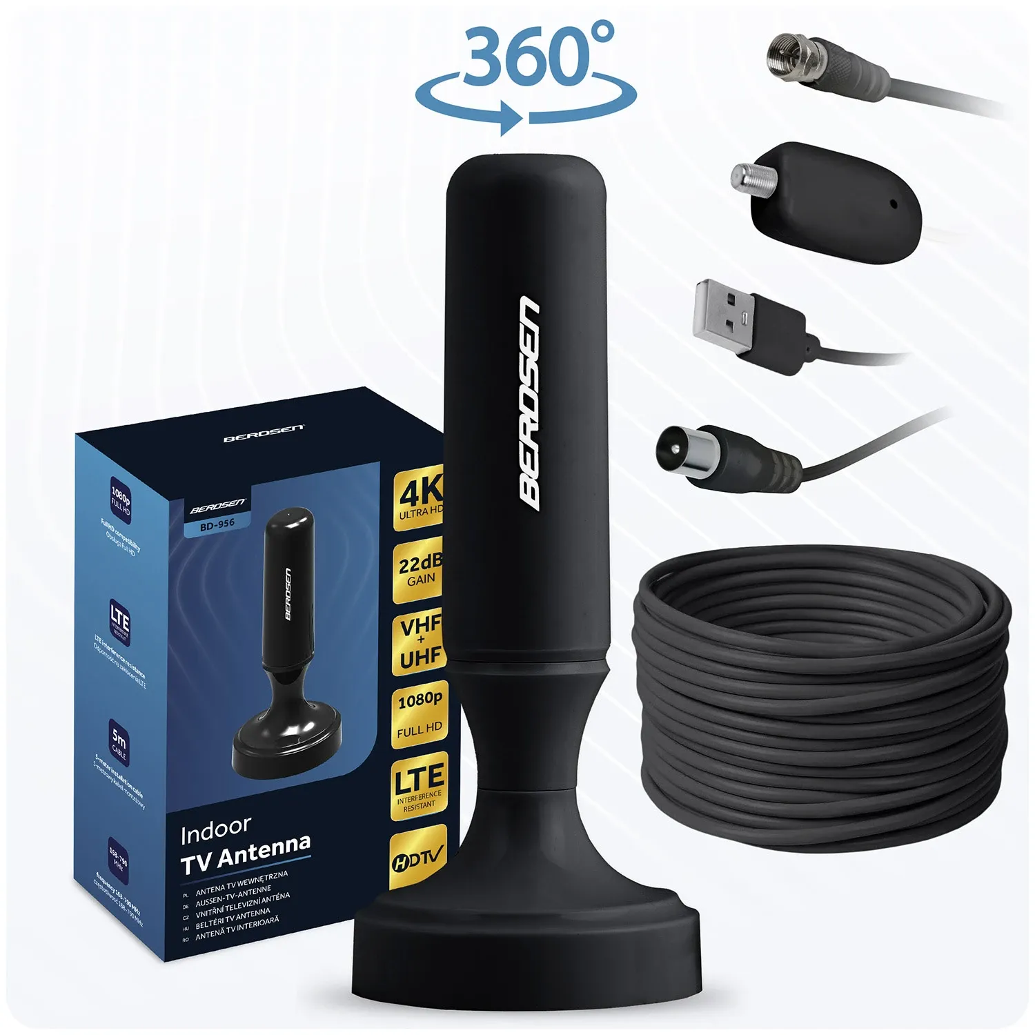 „Berdsen BD-956“ 360 laipsnių televizoriaus „Ultra HD 4K“ vidaus antena, juoda - nuotrauka 1