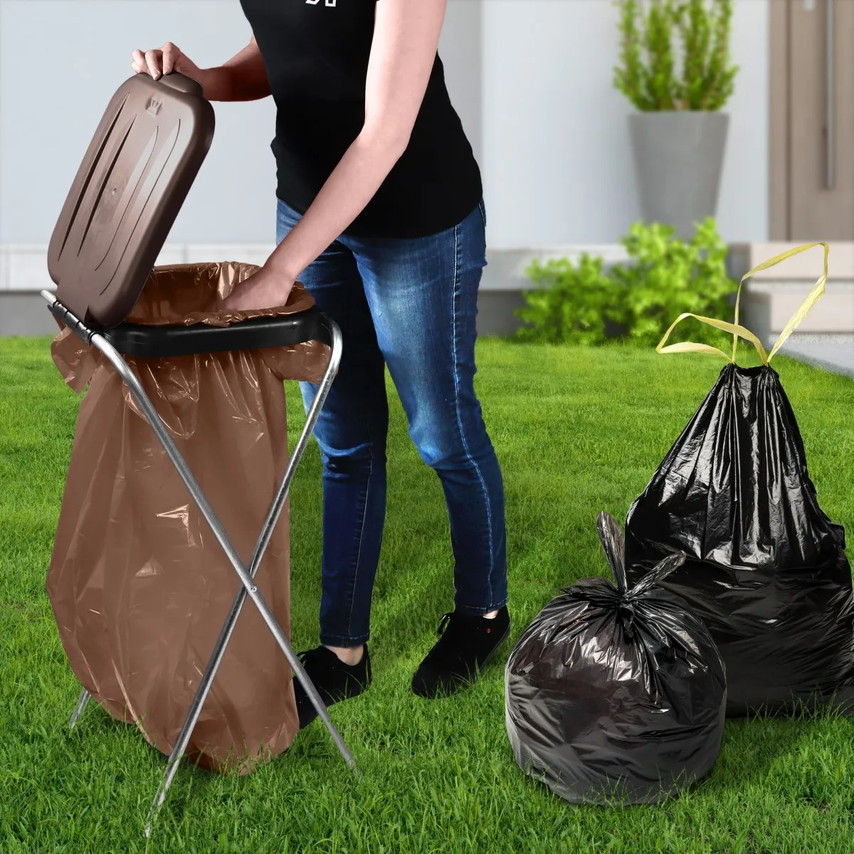 Bakel vienkartinių atliekų rūšiavimo maišų stovas, rudas