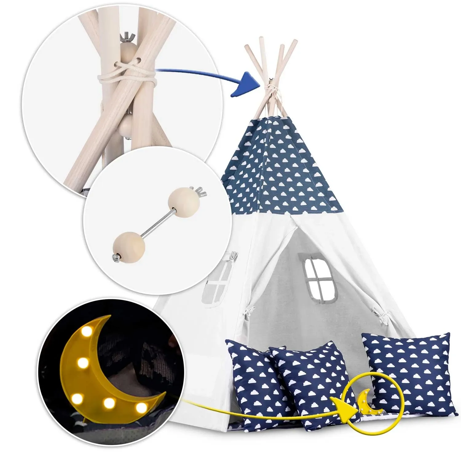 Vaikiška tipi palapinė su girlianda ir lemputėmis - tamsiai mėlyna su debesėliais - nuotrauka 1