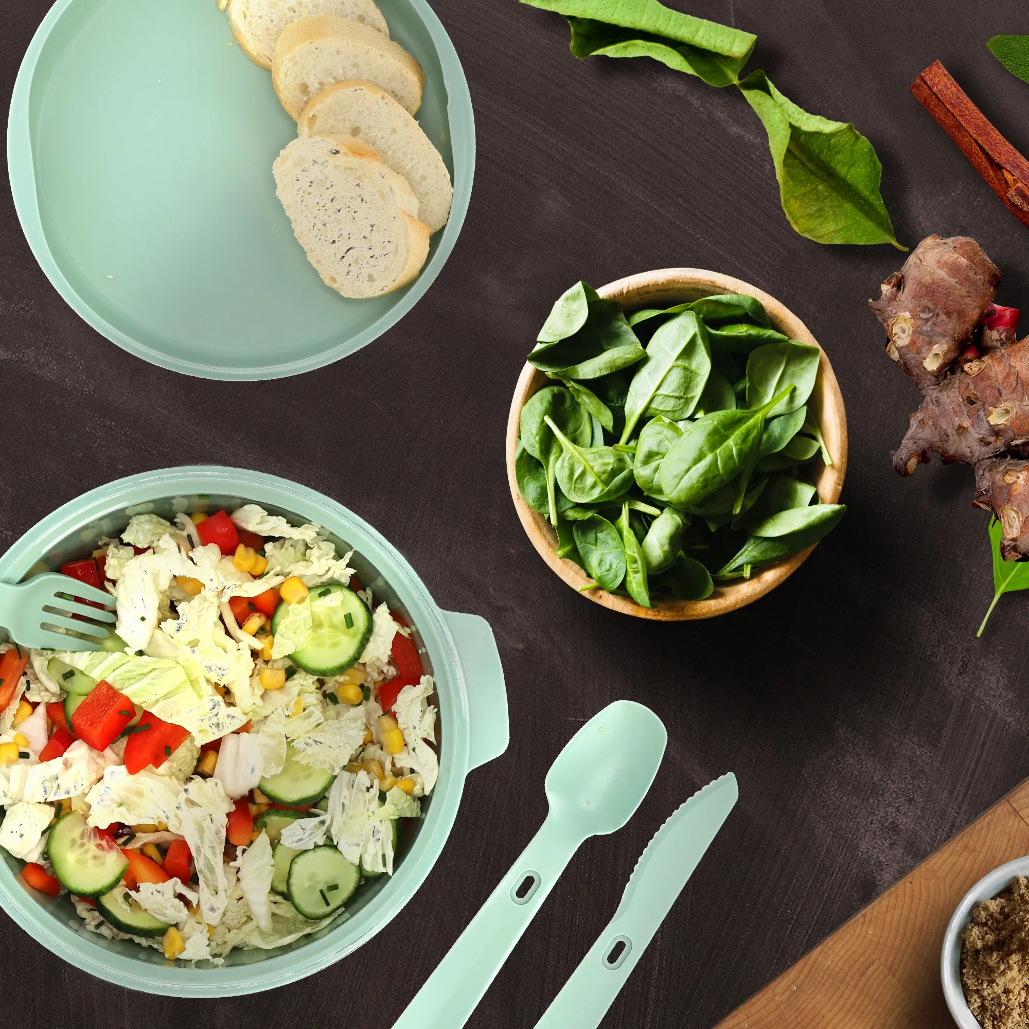 1,6 l „Curver To Go“ pietų rinkinys, apvalus maisto indelis, žalias