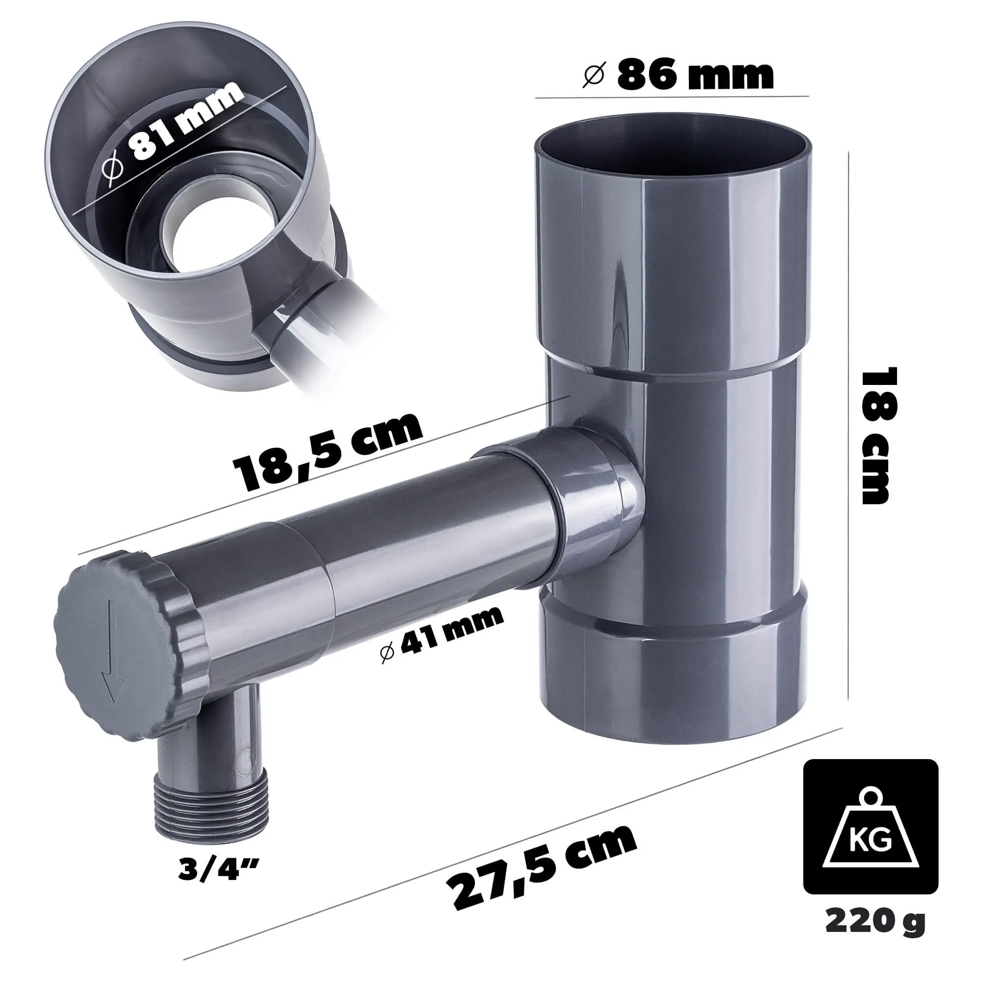 Nancras lietaus vandens kolektorius su vožtuvu, 80 mm, pilkas