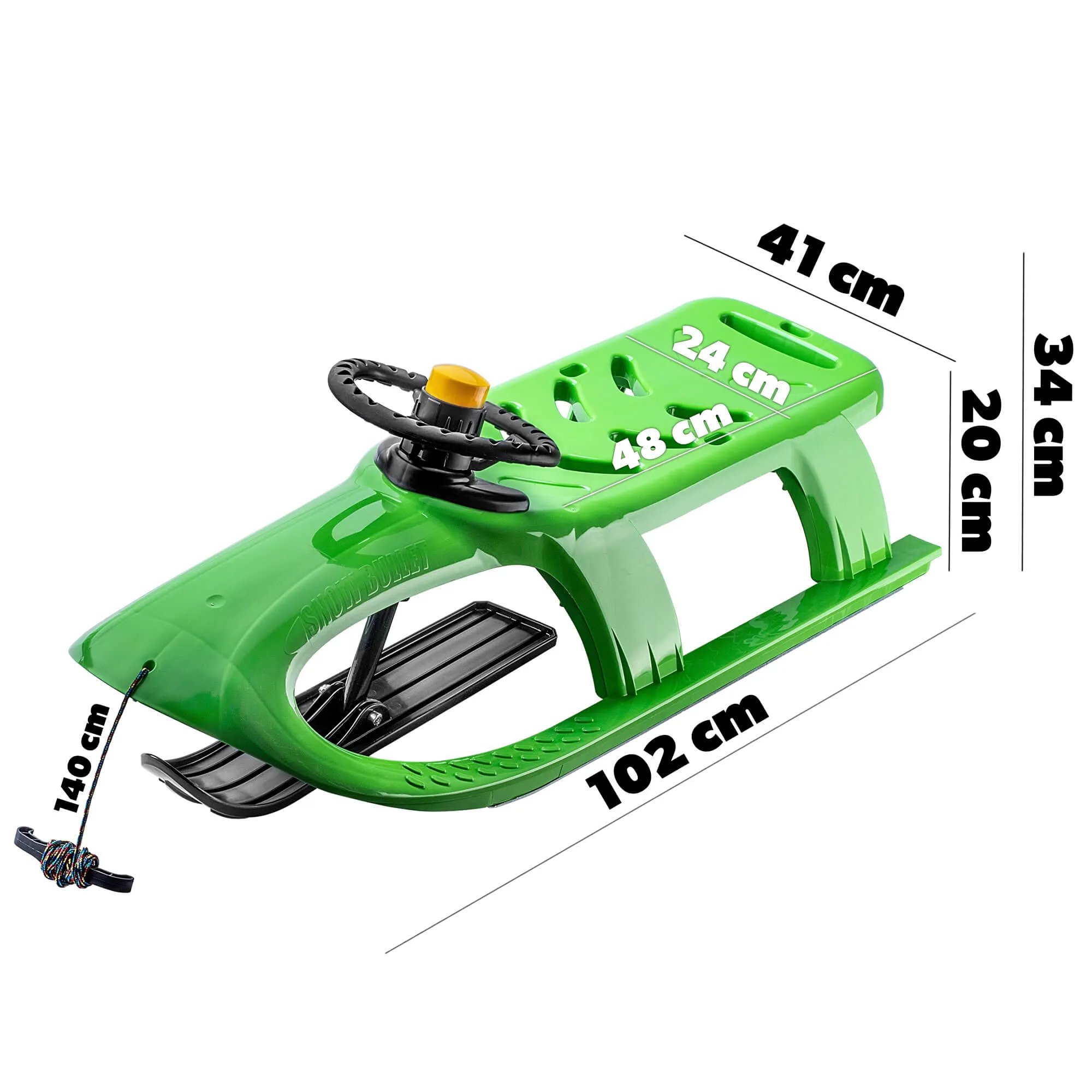 Plastikinės rogės su vairu ir garso signalu, žalios