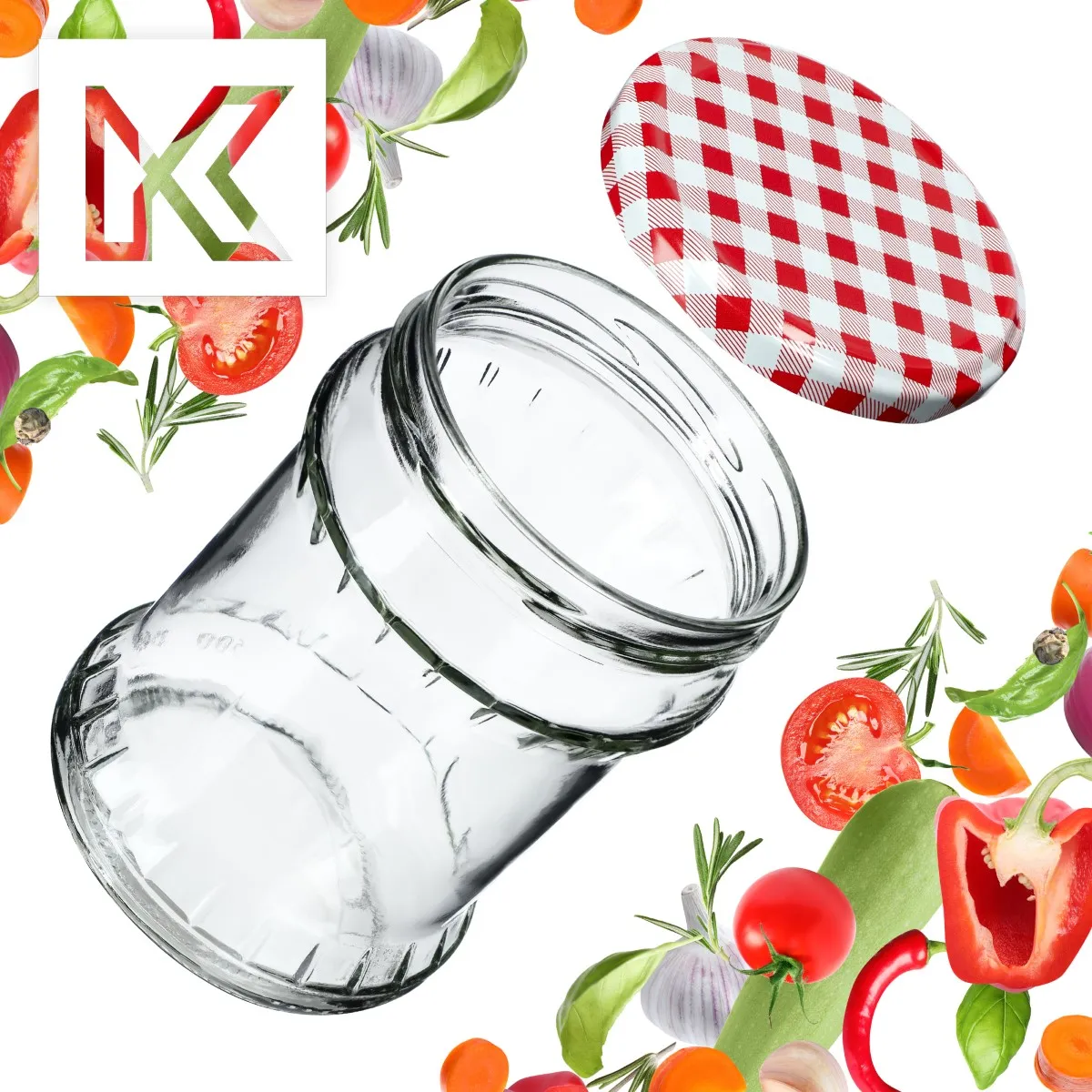 Kisko konservavimo stiklainiai 500 ml, 16 vnt., 82 mm + dangteliai su raudonomis grotelėmis