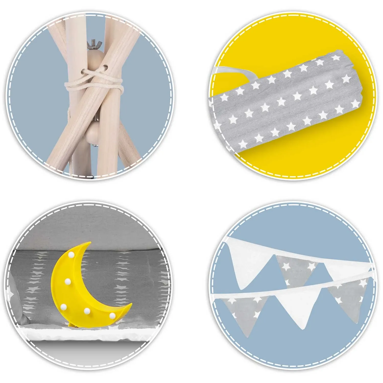 Vaikiška tipi palapinė su girlianda ir lemputėmis - šviesiai pilka su žvaigždutėmis - nuotrauka 1