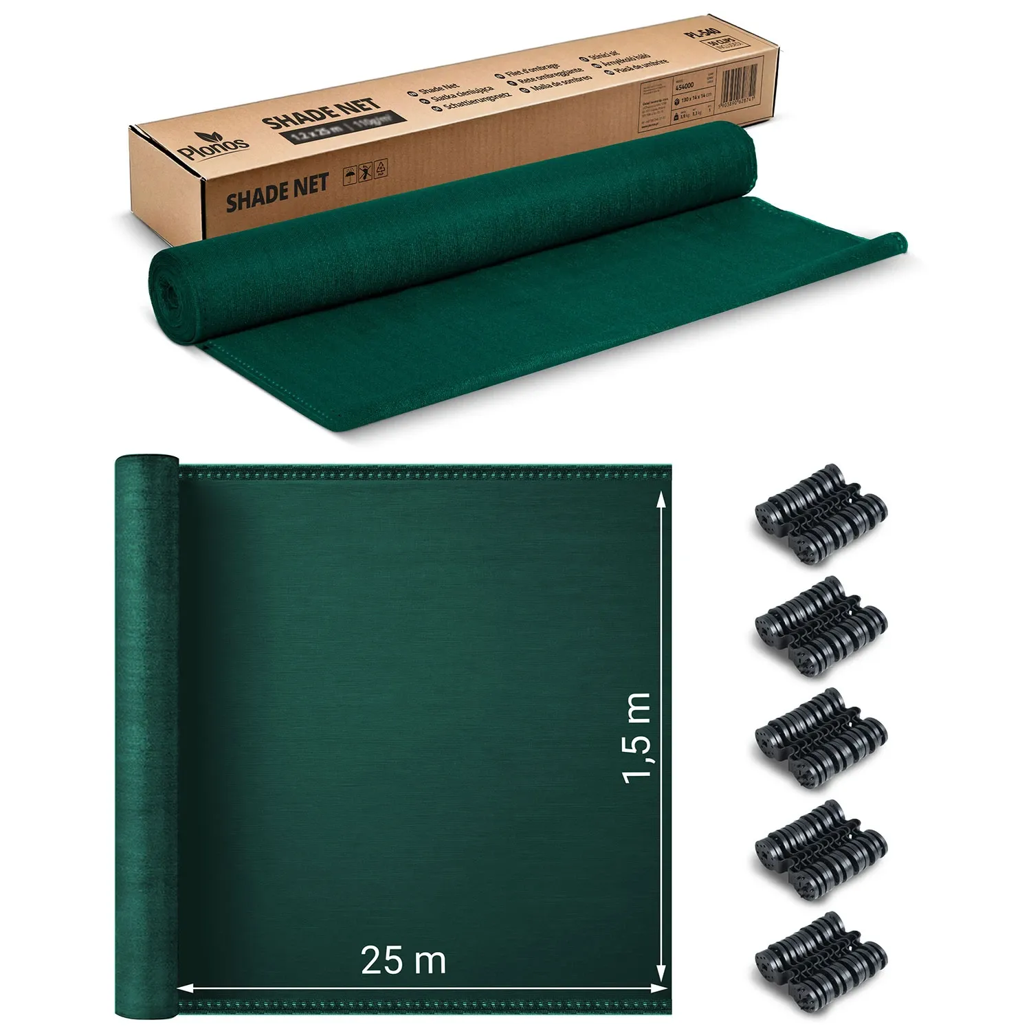 Tinklelis nuo šešėlių 1,5 x 25 m, 110 g/m2 + 50 spaustukų, žalias - nuotrauka 1