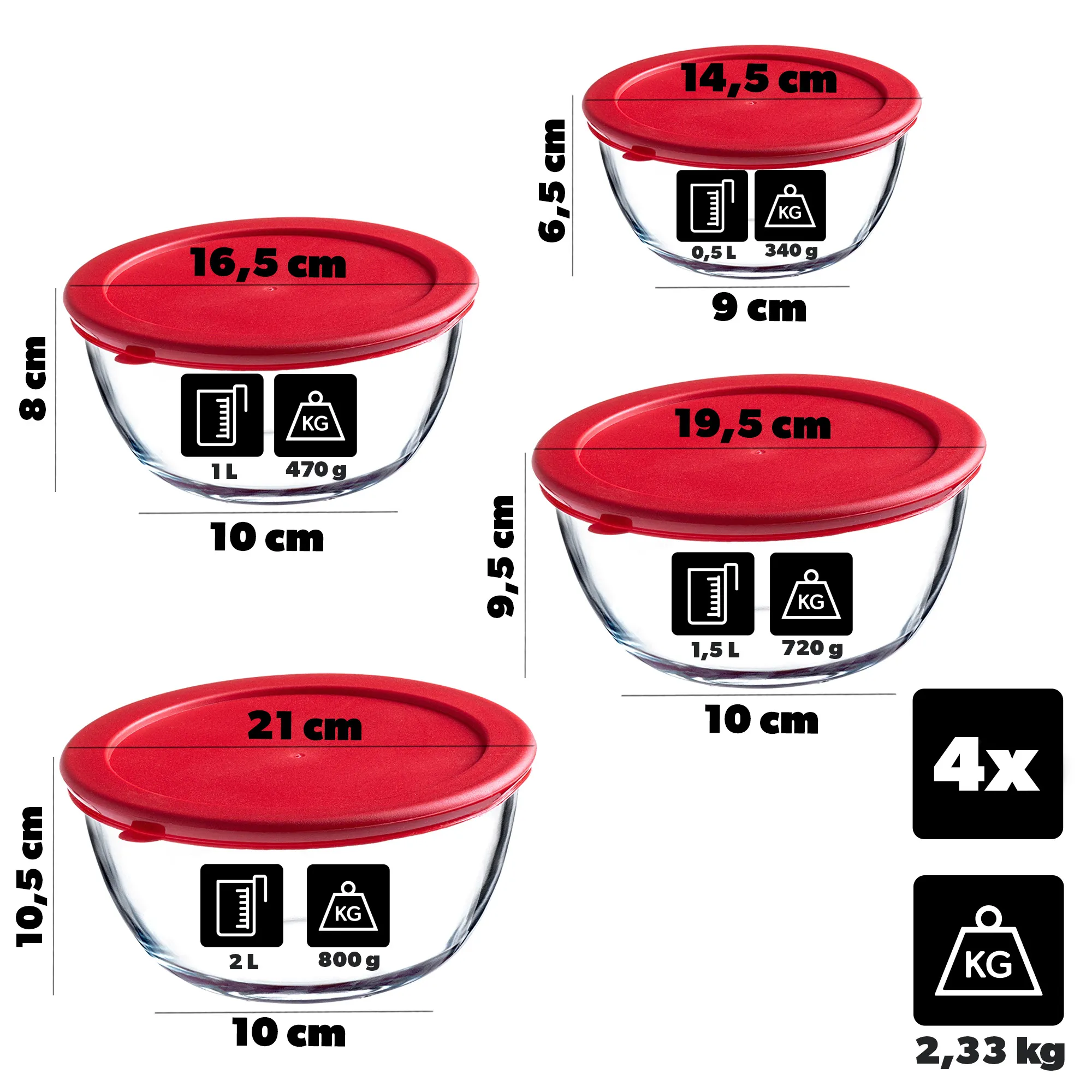 Dame stiklinių indų rinkinys su dangteliu 0,5 l, 1 l, 1,5 l, 2 l