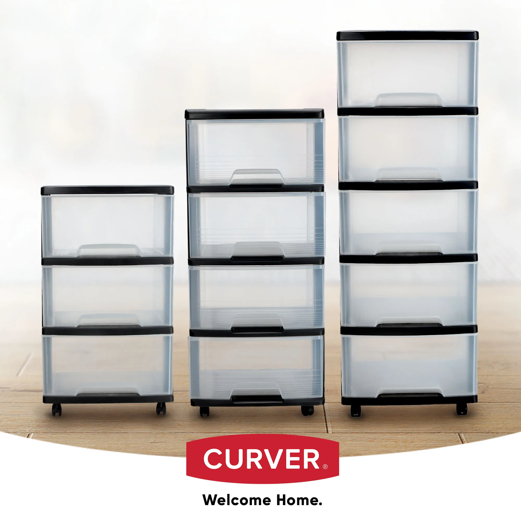 „Curver“ 4 stalčių 80 litrų talpos juoda lentynų sistema ant ratukų