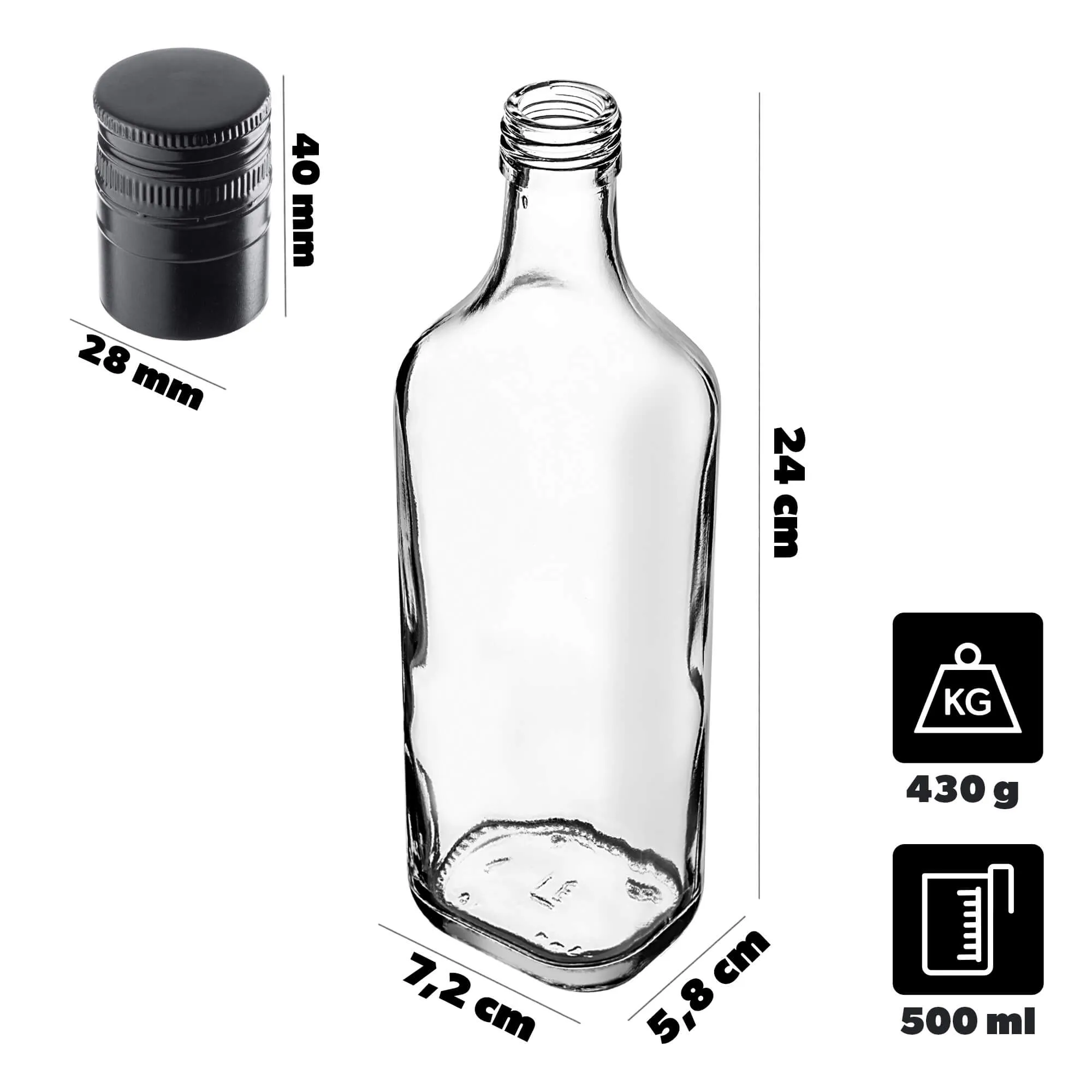 Vigna stiklinis viskio butelis 500 ml su ilgu juodu dangteliu 1 vnt.