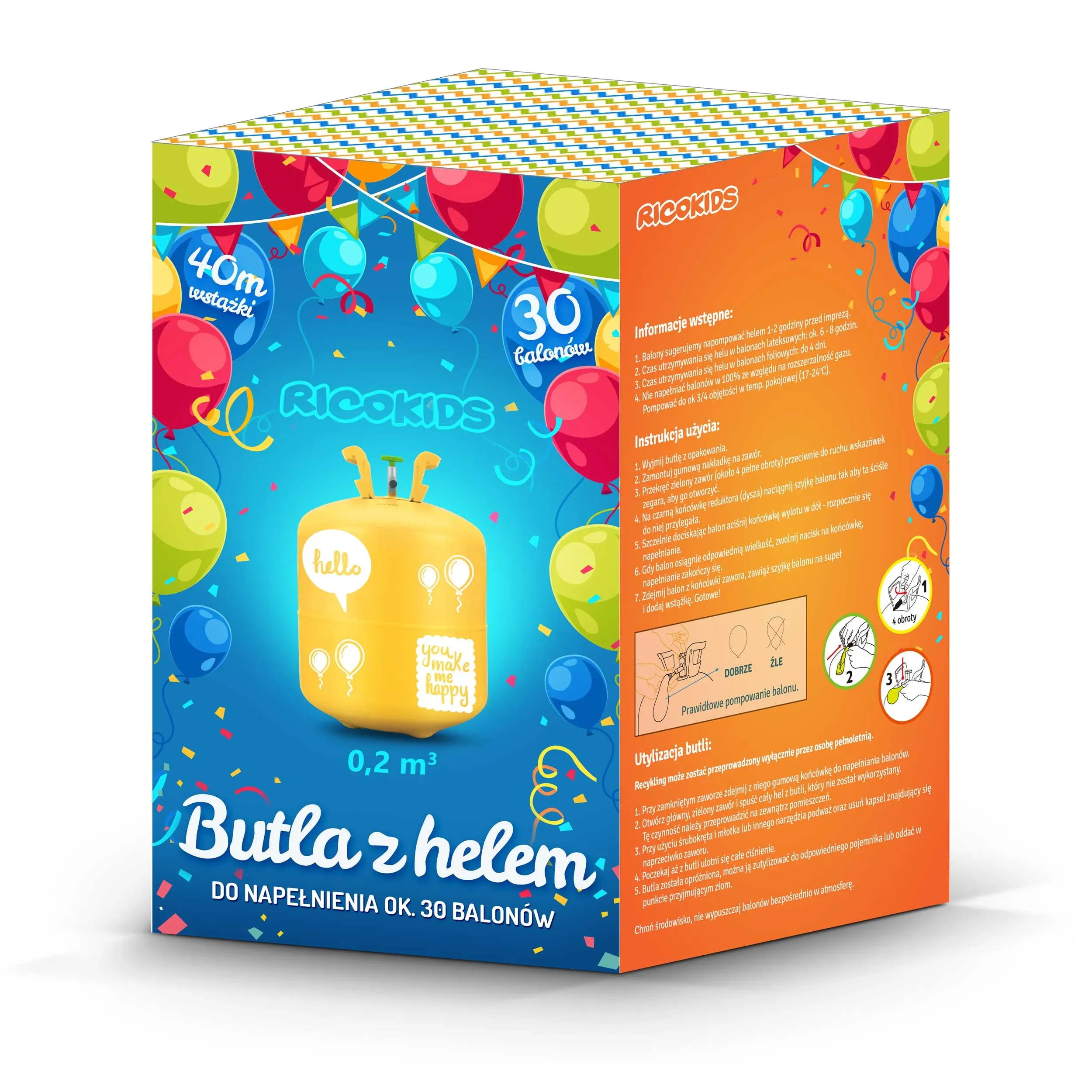 Helio balionas 0,20 m3 su balionais ir Ricokids juostele - nuotrauka 1