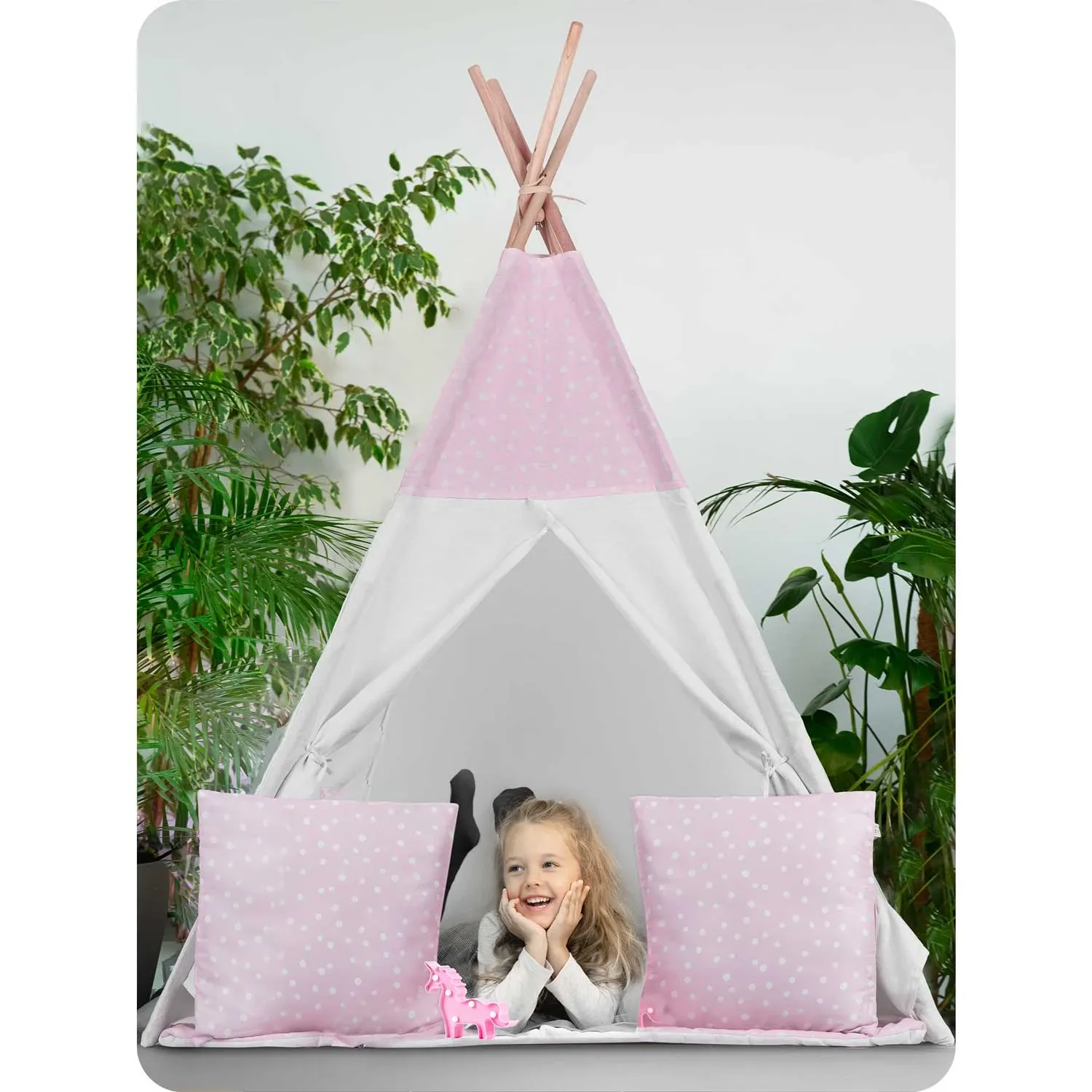Vaikiška tipi palapinė su lemputėmis - rožinė su taškeliais - nuotrauka 1