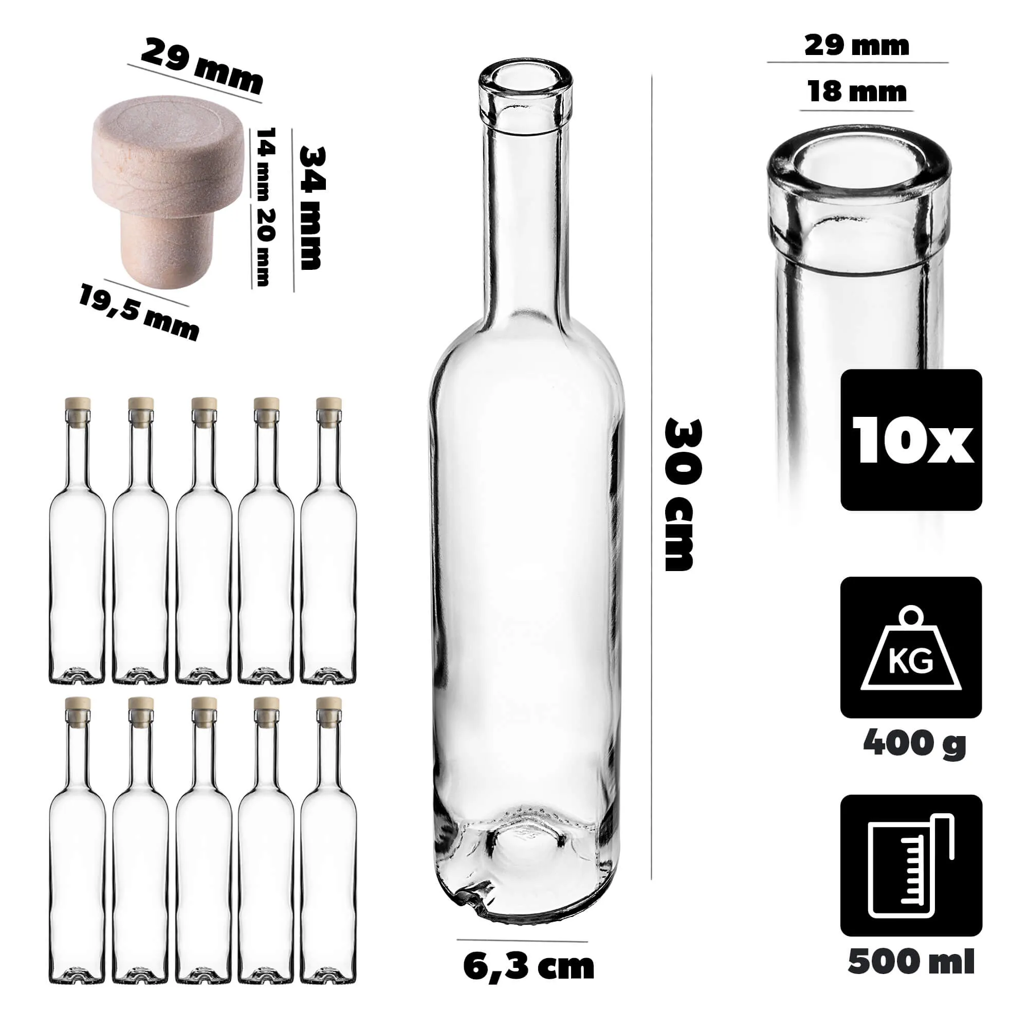 Futura buteliukai 500 ml su sintetiniu kamščiu, 10 vnt.