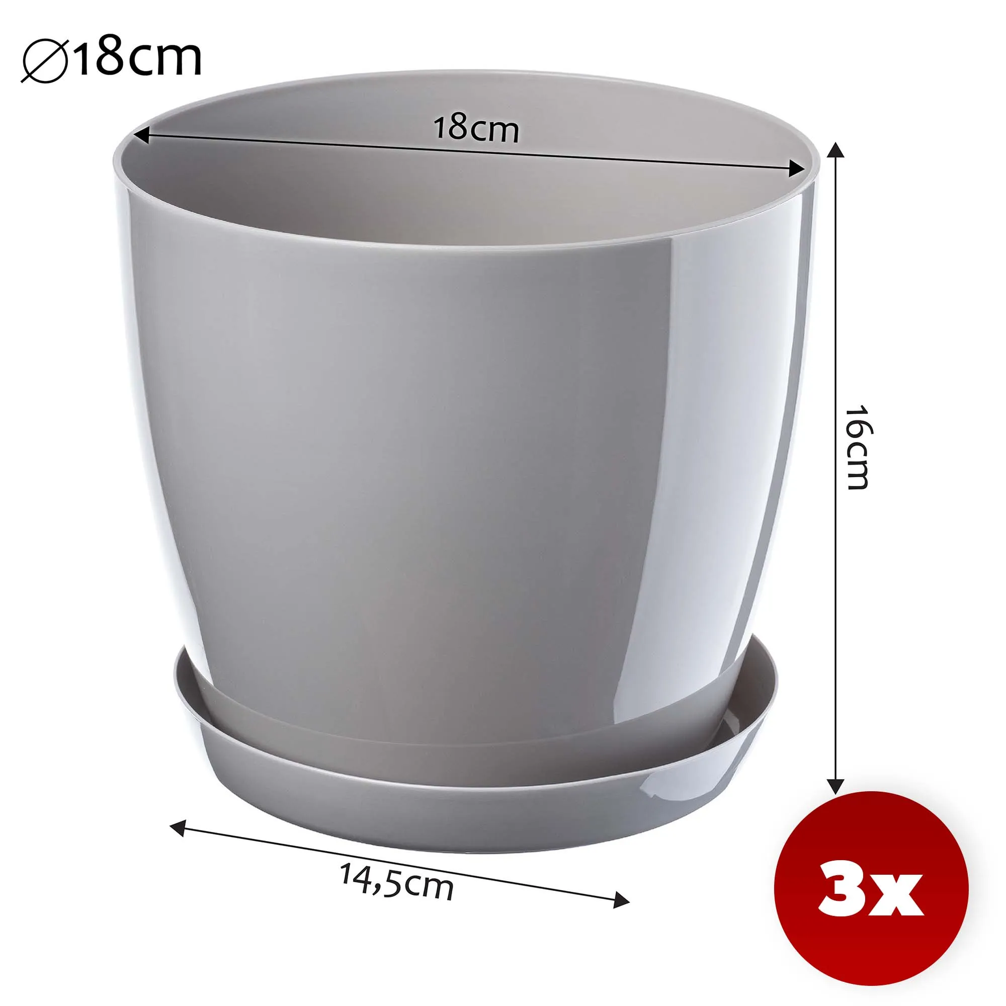 Agen vazonas su lėkštute, pilkas, 18 cm, 3 vnt.