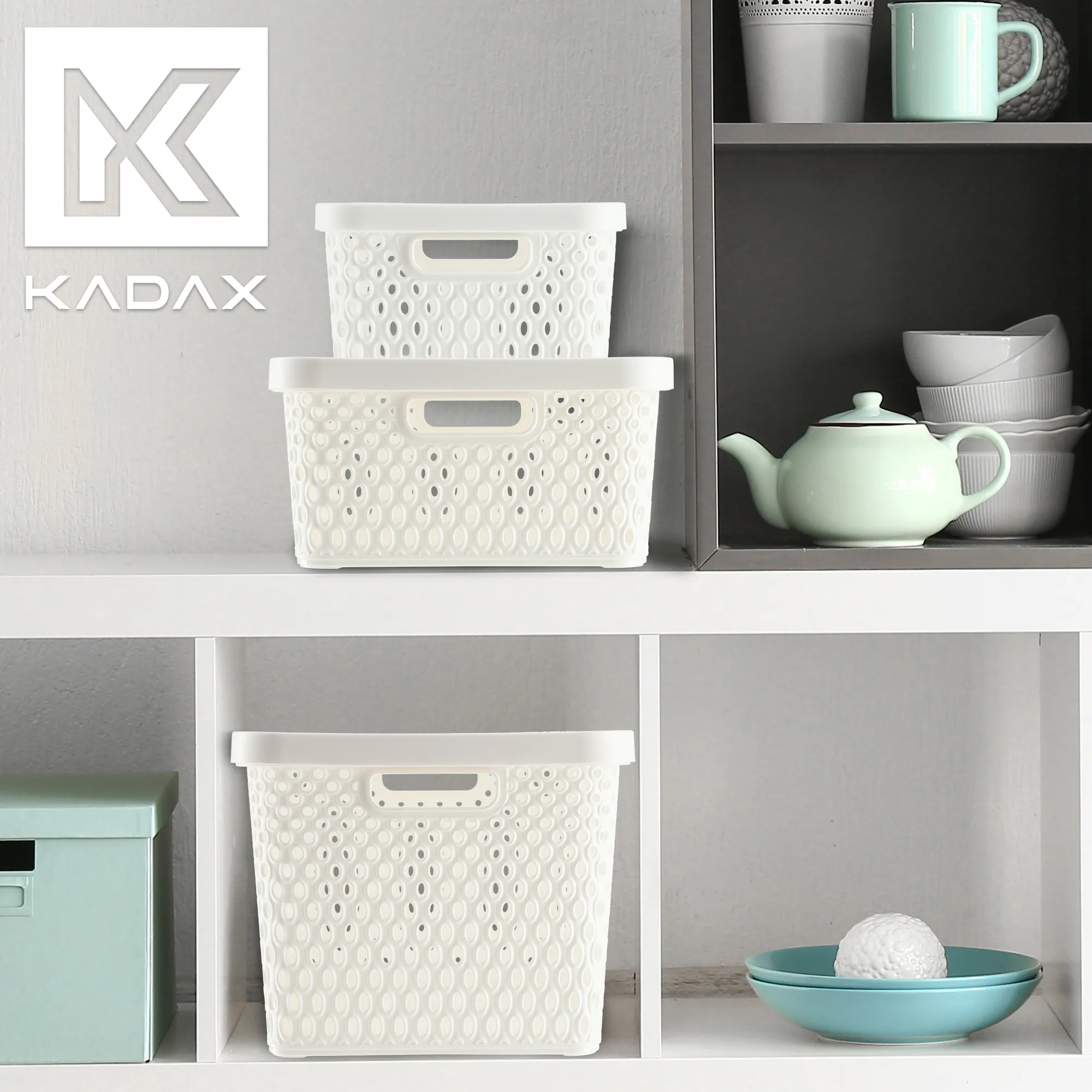 Pau daiktadėžių rinkinys su dangčiu, 4,5 l + 12 l + 18 l, baltas