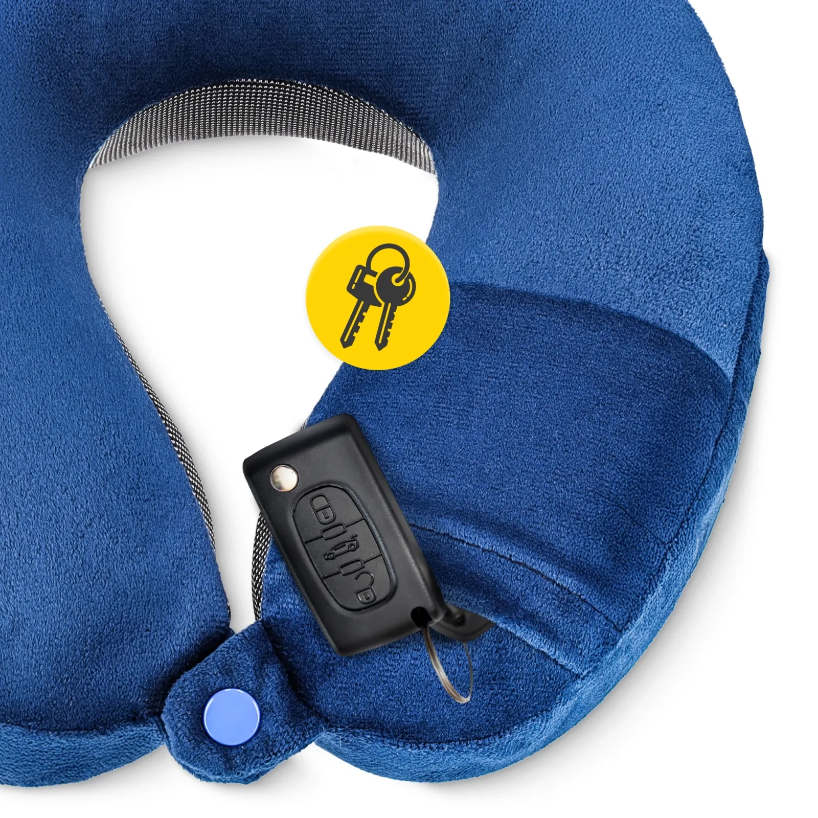 Tamsiai mėlyna kruasaninė kelioninė pagalvė miegui